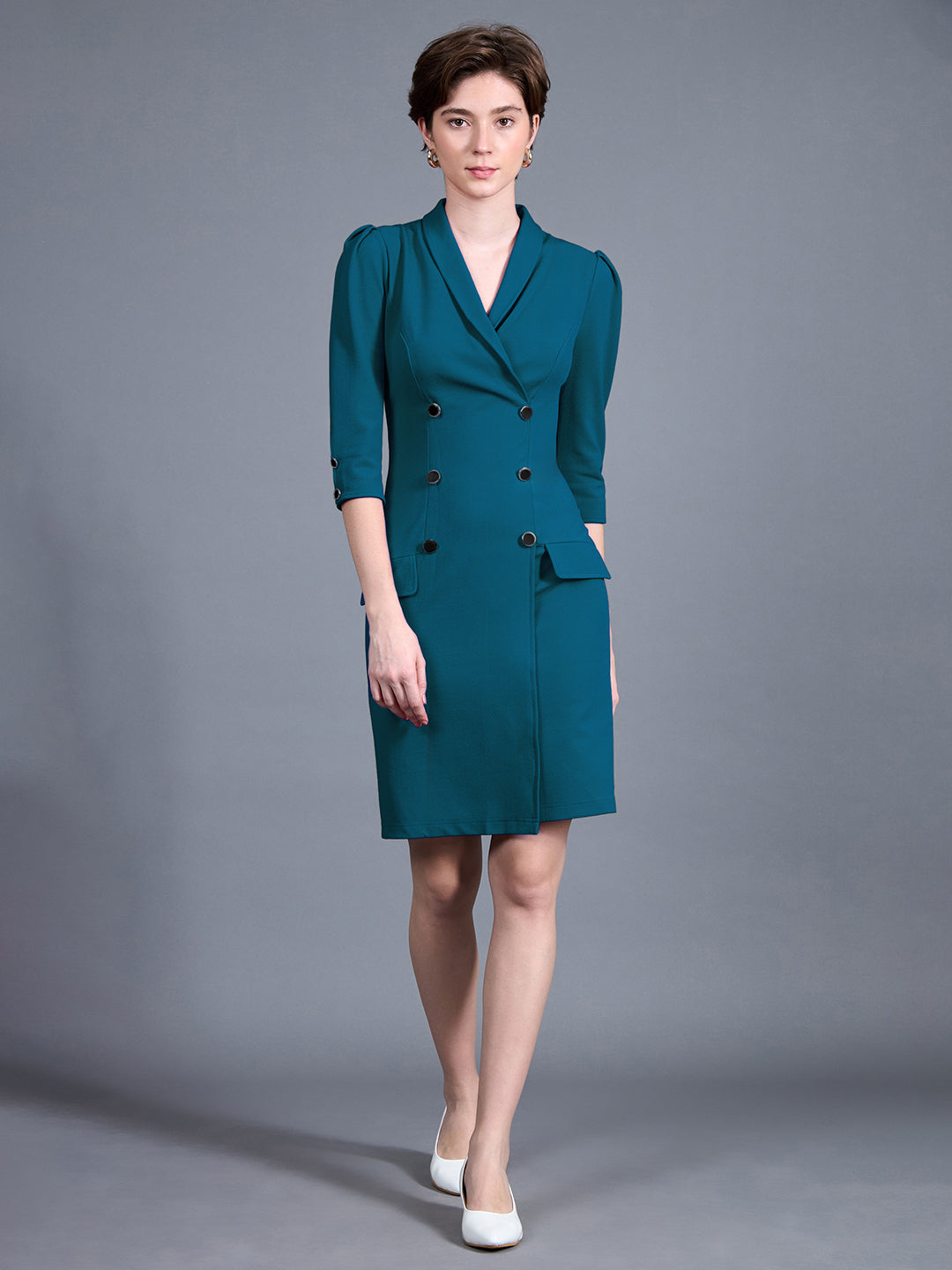 Women's Teal V-neck 3/4 Sleeve Solid Double Breasted Blazer Knee-Long Polyester Dress