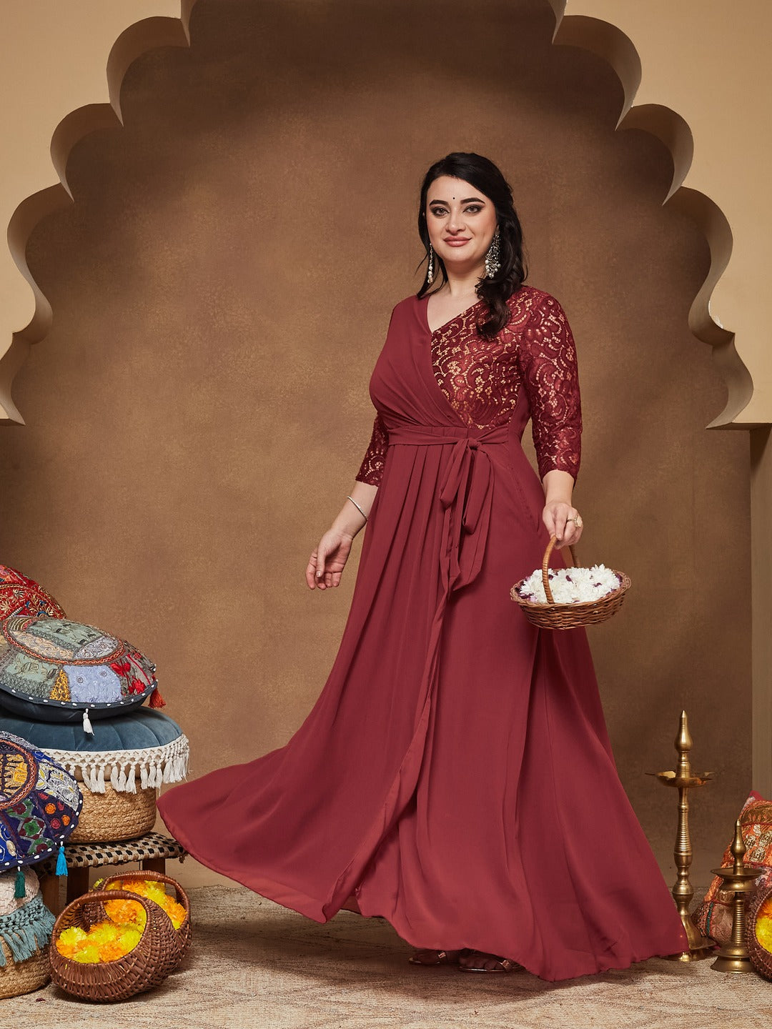 Brick Red V-Neck 3/4 Sleeve Self-Designed Wrap Styled Georgette Maxi Dress for Women