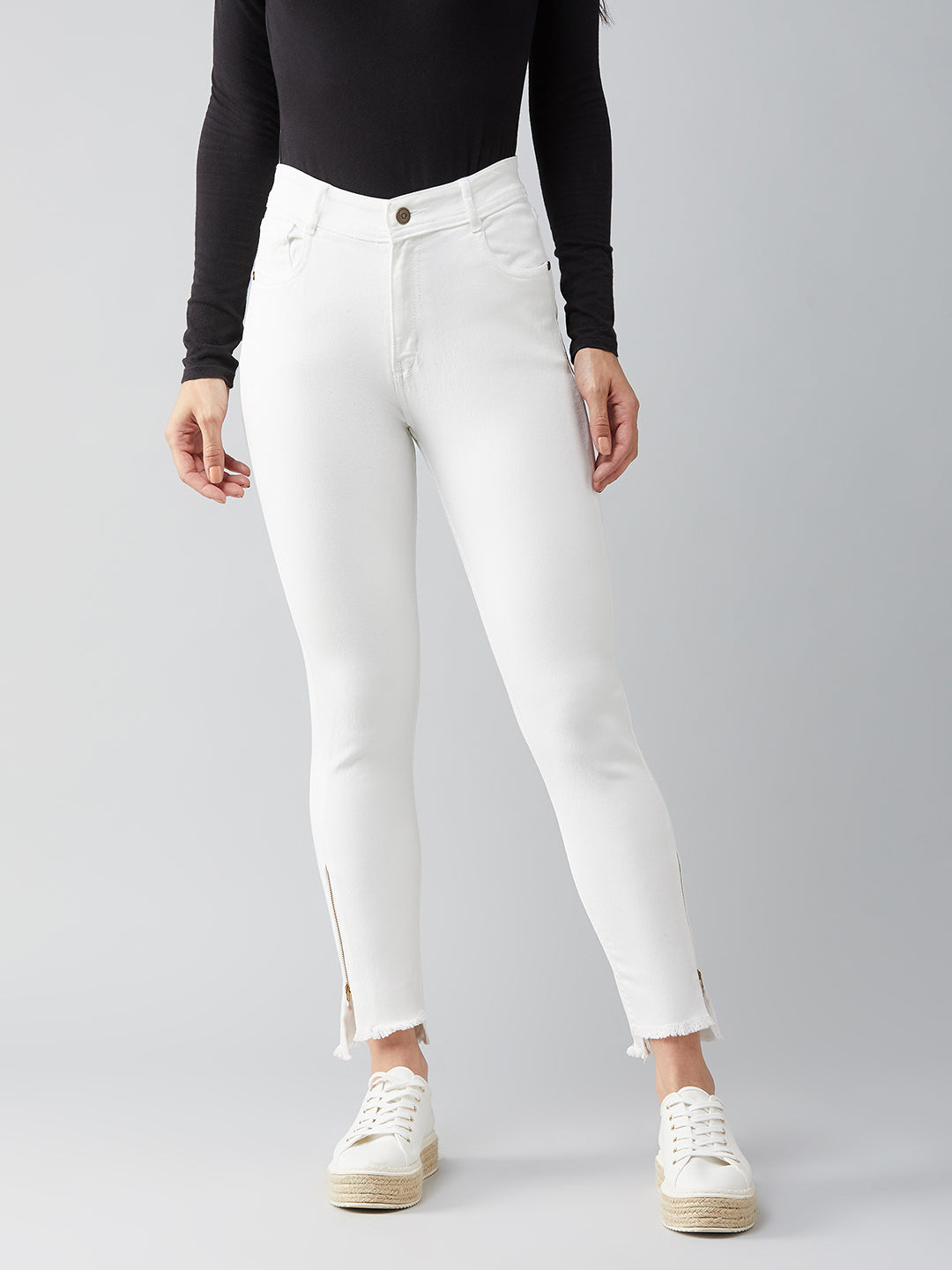 24/7 Comfort Women's White Skinny Fit High Rise Side Slit Raw Edge Cropped Stretchable Denim Jeans