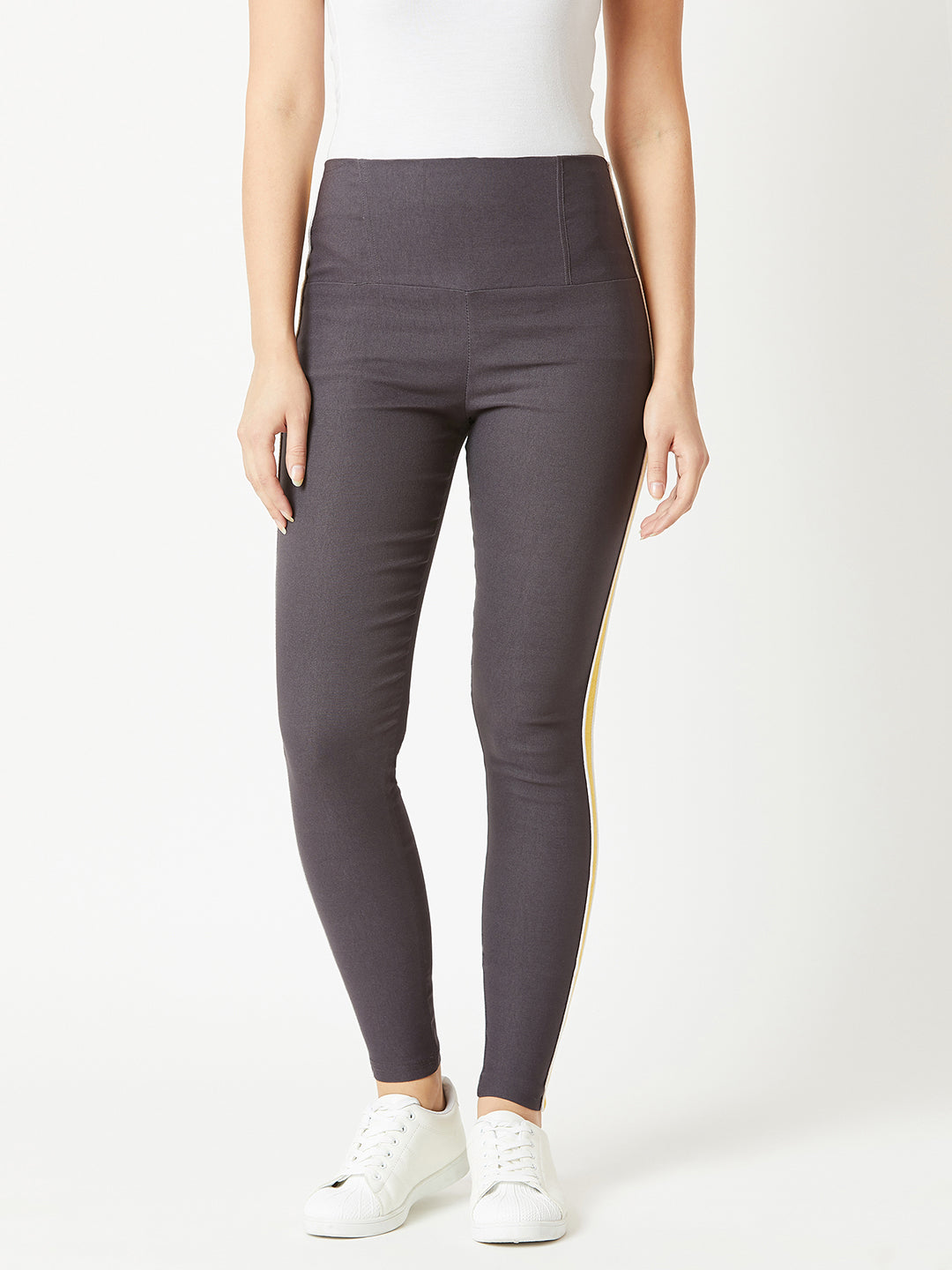 Women's Dark Grey Solid Regular Length High Waist Knitted Slim Fit Twill Tape Detailing Jeggings