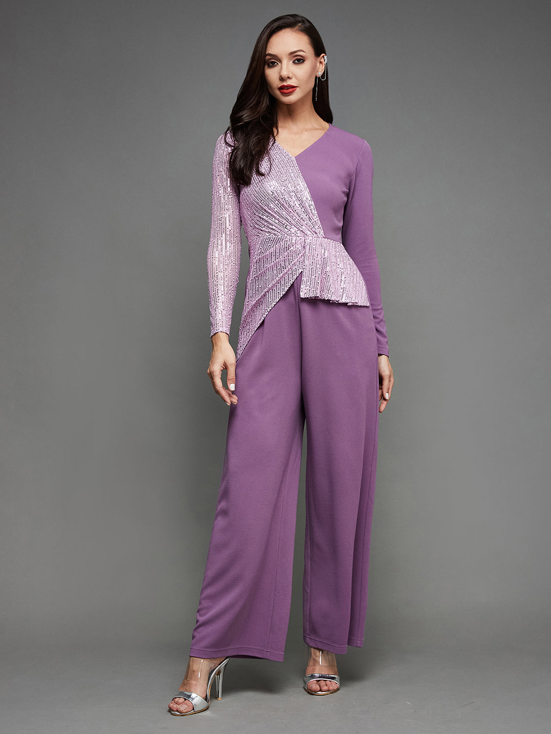 Crease Ease Women's Lavender V-Neck Full Sleeve Embellished Asymmetric Polyester Jumpsuit