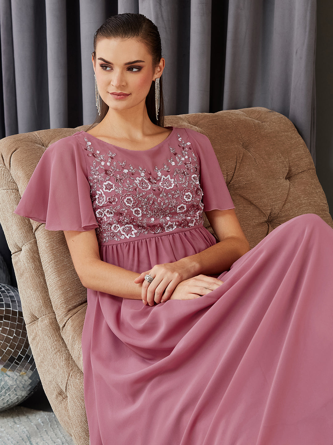 Women's Dusty Lavender Boat Neck Half Sleeve Solid Embellished Georgette Maxi Dress