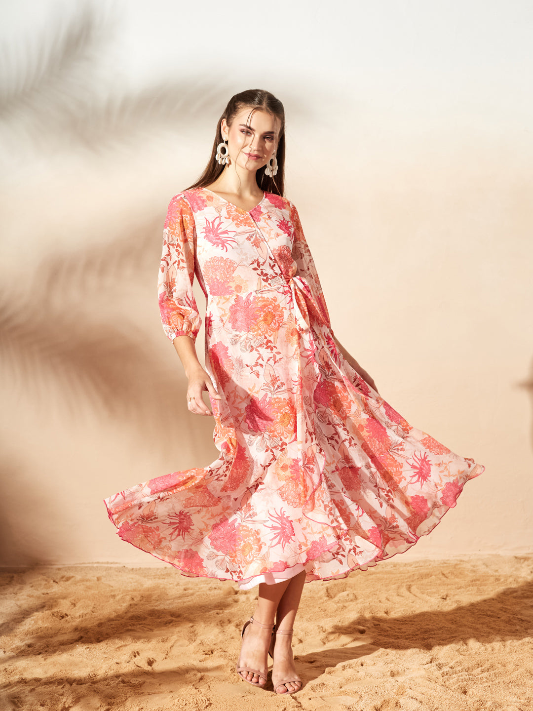 Women’s Multicolored Light Peach Floral V-Neck 3/4 Sleeve Wrap Midi Chiffon Dress for Women
