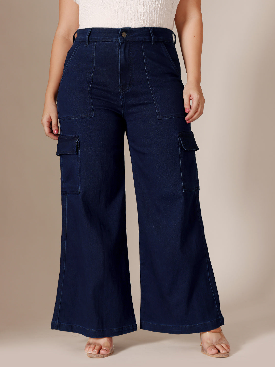 CHASEstretch™ Navy Blue Wide-Leg High-Rise Clean-Look Regular-Length Stretchable Denim Cargo Jeans for Women