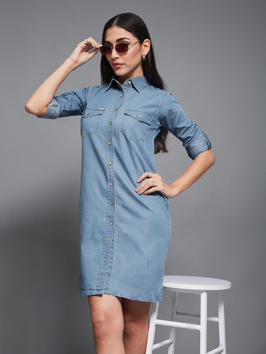 Women's Blue Polo Neck Rolled Up Full Sleeve Denim Solid Buttoned A-Line Mini Dress