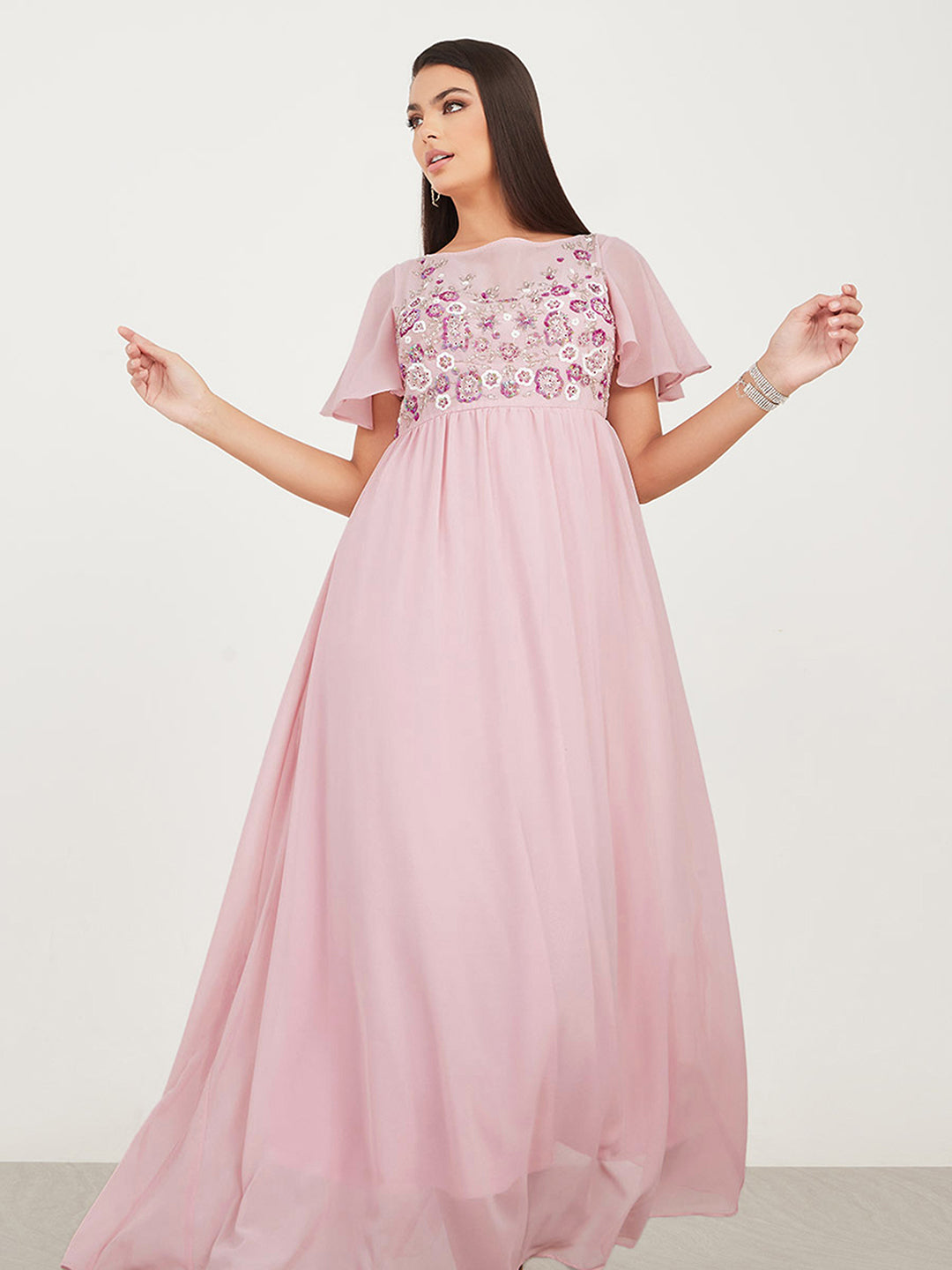 Women's Blush Pink Embellished Gathered Maxi Dress