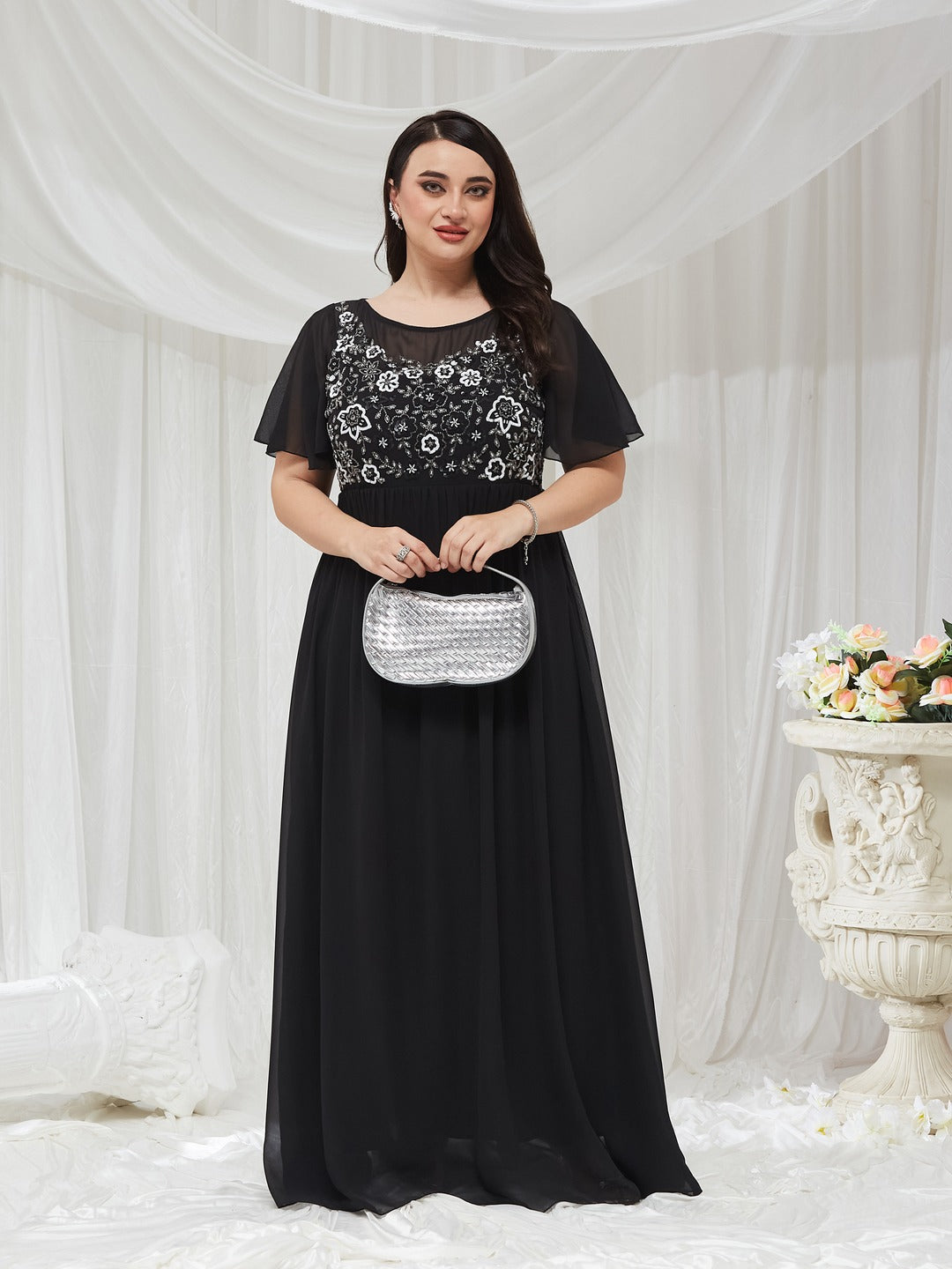 Black Embellished Gathered Maxi Dress for Women