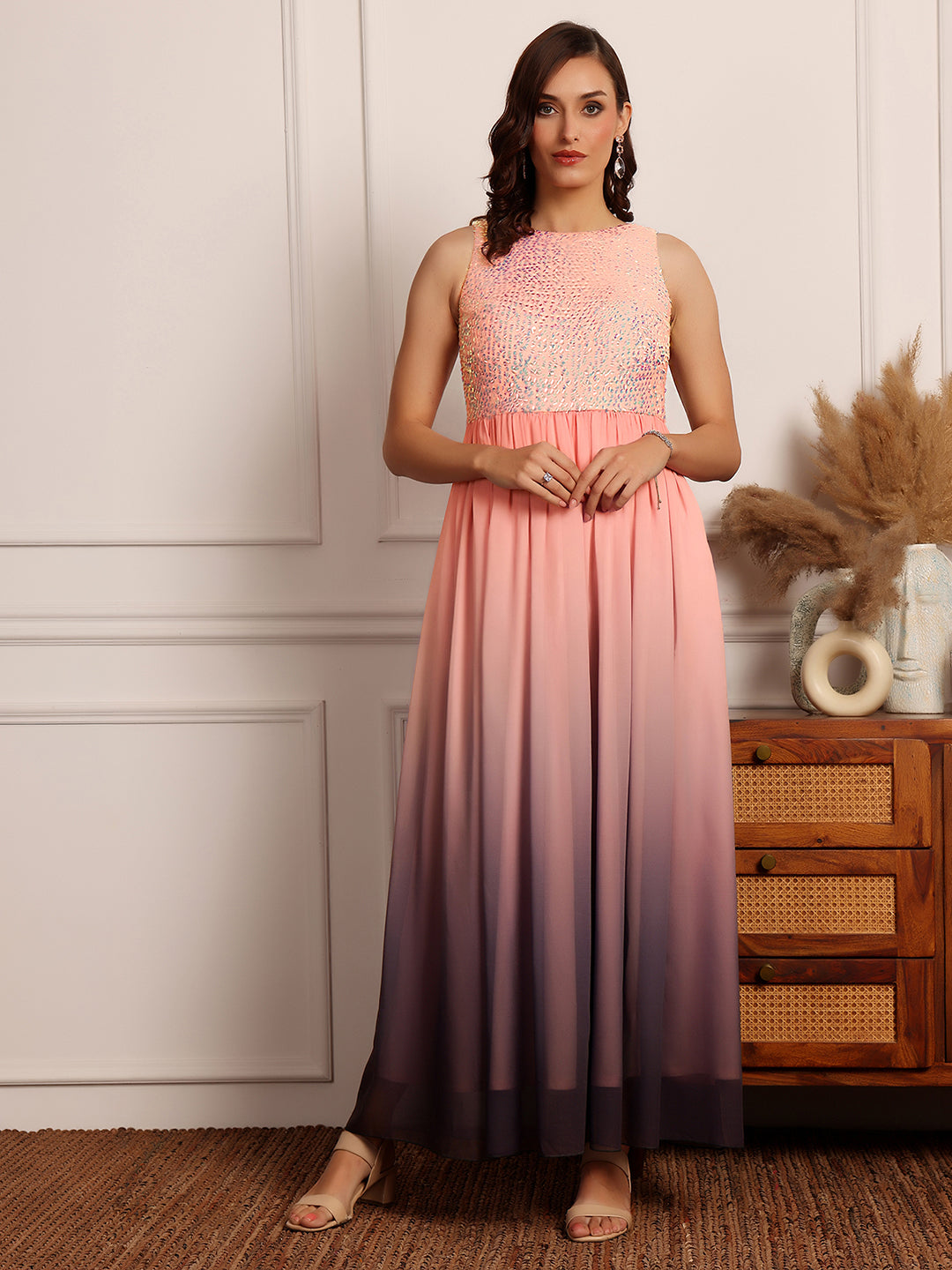 Multicolored-Base-Pink Round Neck Sleeveless Embellished Georgette Maxi Dress for Women