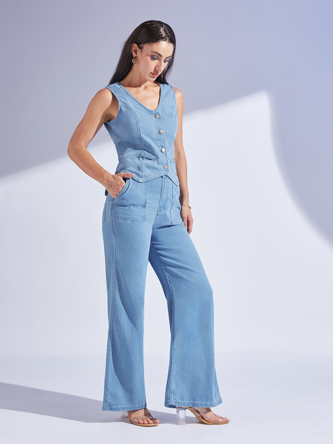 Women's Light Blue Wide-Leg High Rise Regular-Length Stretchable Lightweight Denim Co-Ord Set