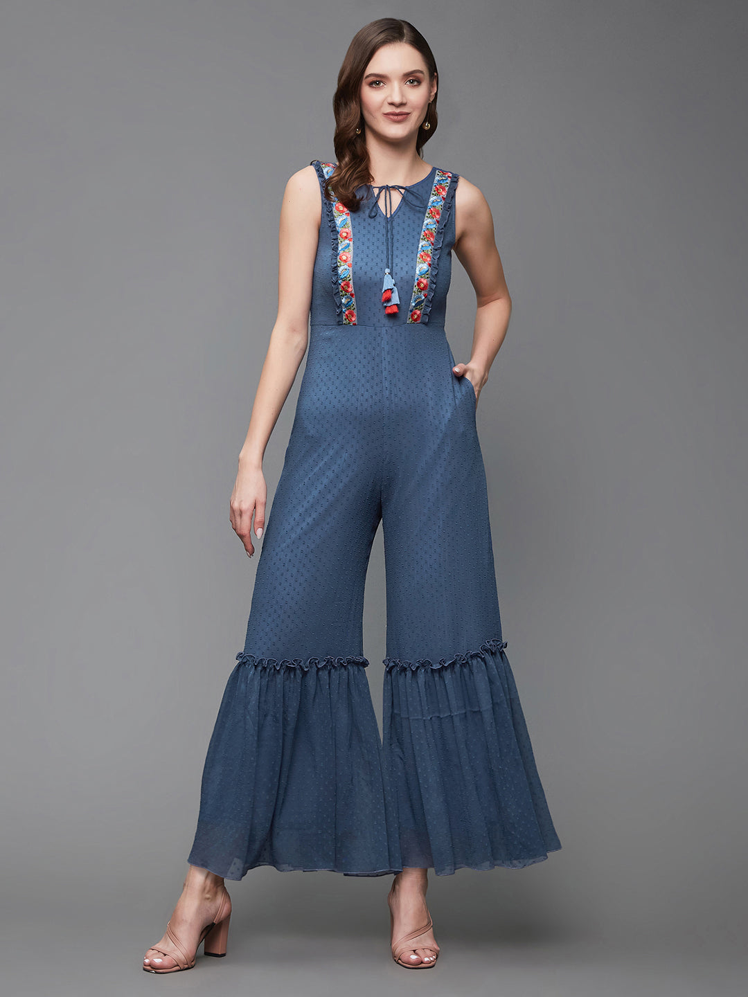 Women's Azure Blue Keyhole Neck Sleeveless Self Designed Chiffon Tiered Regular Jumpsuit