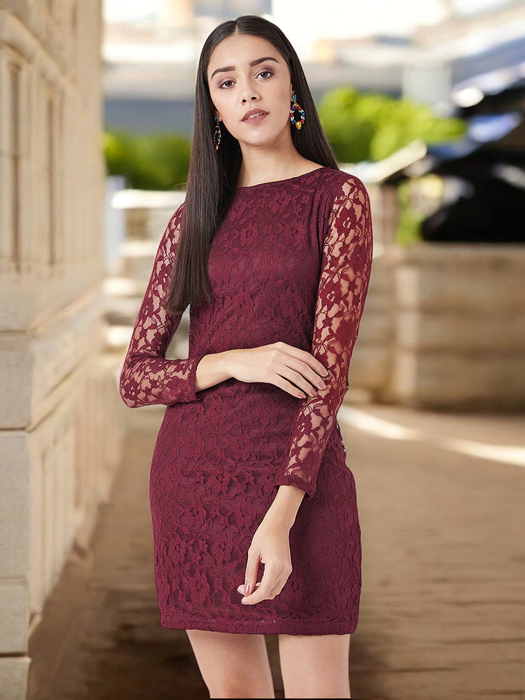 Maroon Round Neck Full Sleeves Bodycon Dress for Women — Miss Chase