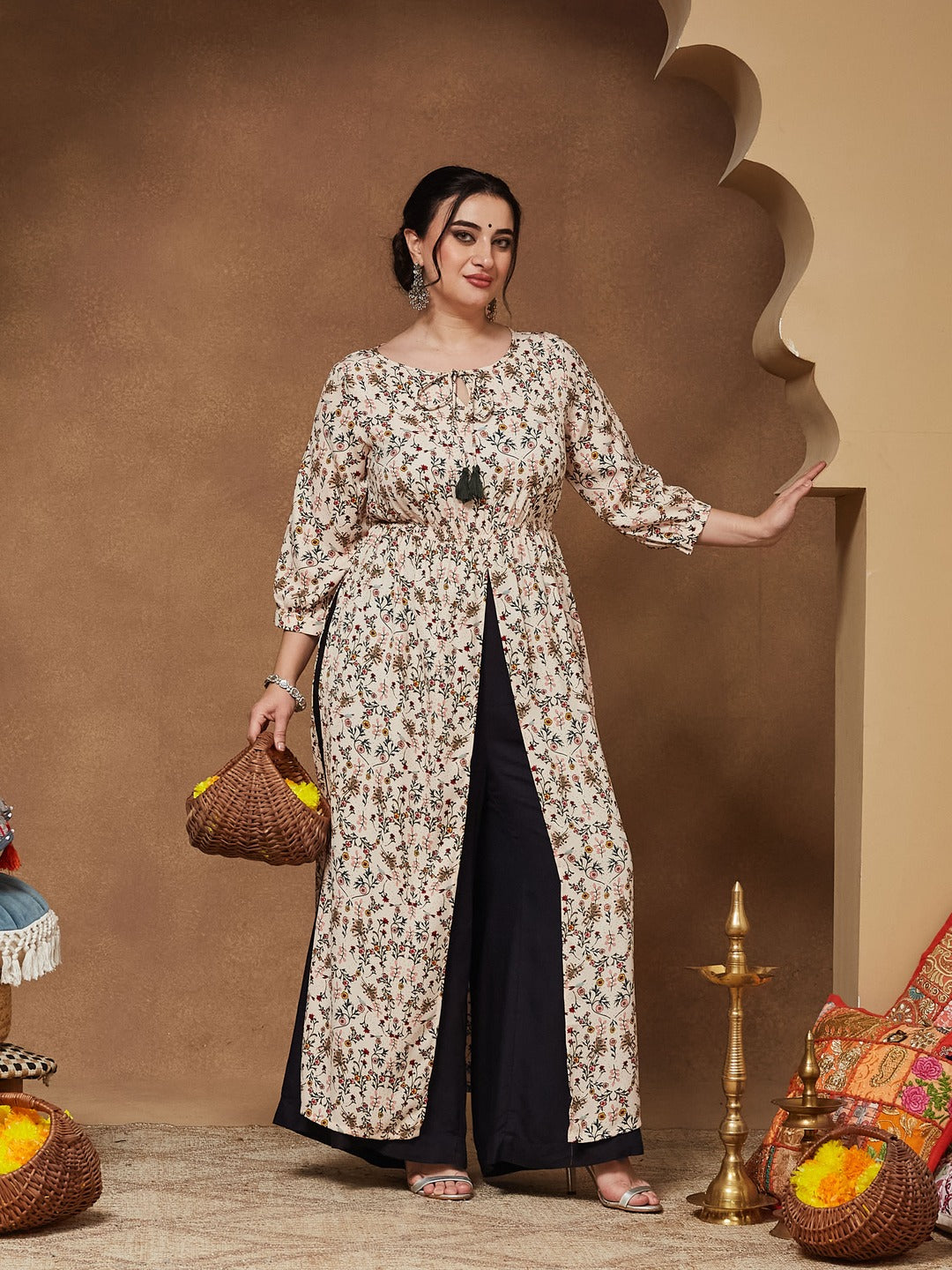 Round Neck 3/4 Sleeve Floral Tie-Up Tassel Detailing Front Slit Maxi Top for Women