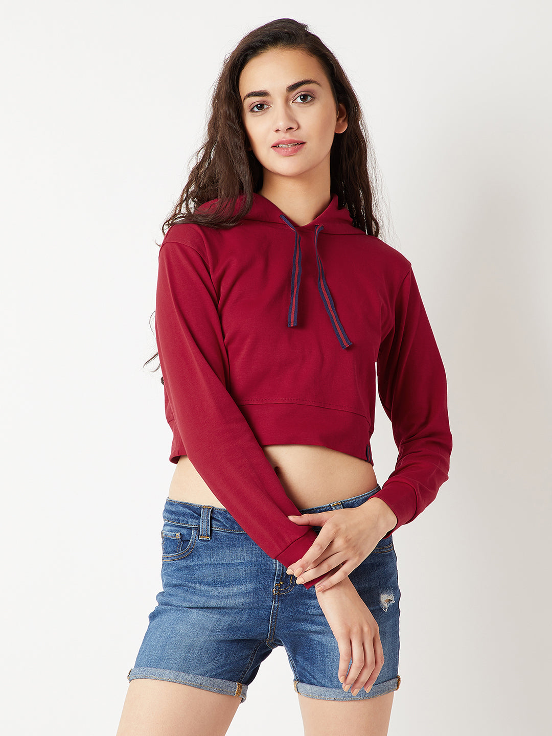 Women's Maroon Solid Round Neck Full Sleeve Hooded Boxy Multicolored Twill Tape Detailing Crop Sweatshirt