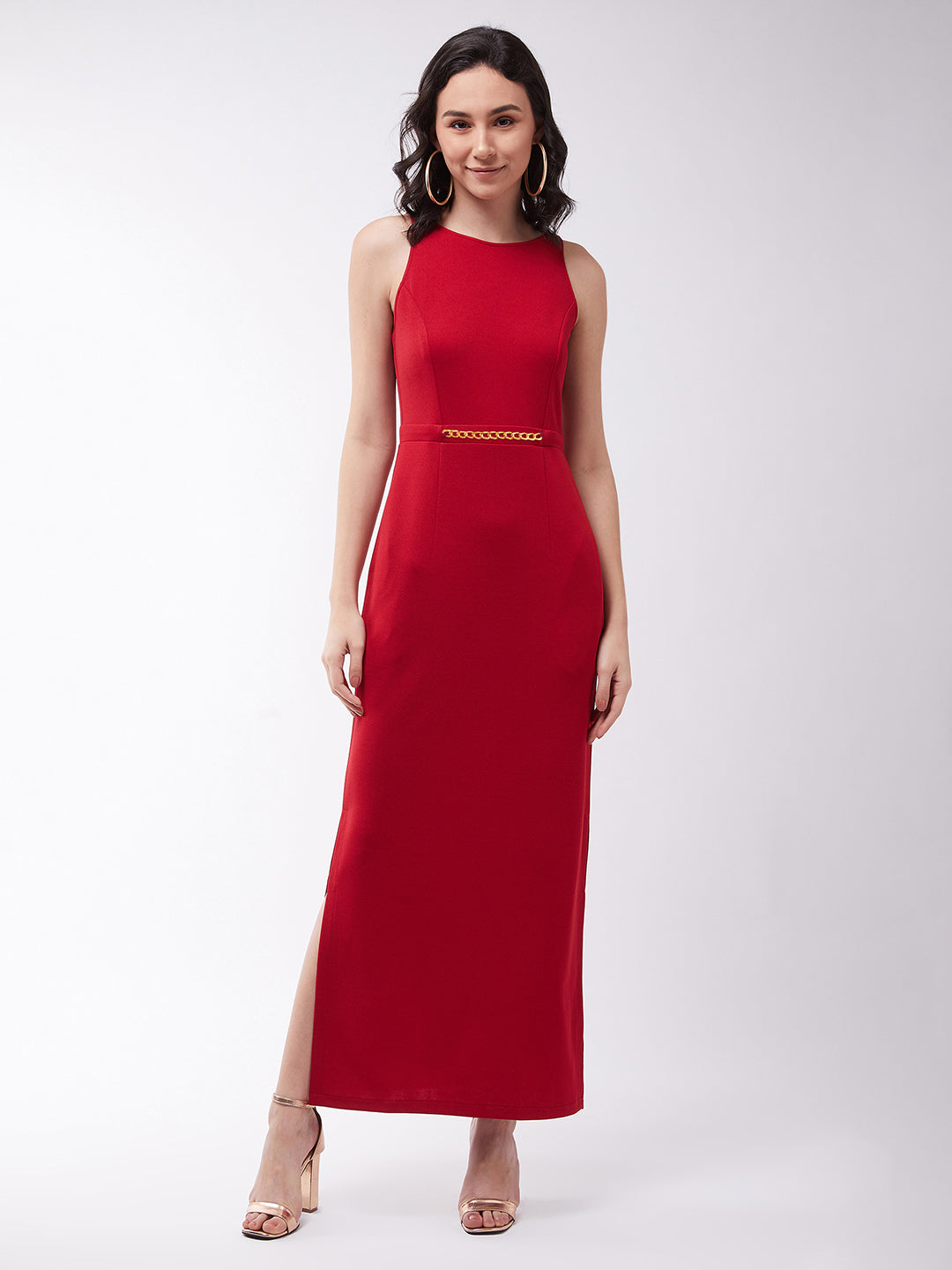 Crease Ease Cocktail Women's Cherry Red Solid Slim Fit Round Neck Sleeveless Maxi Dress