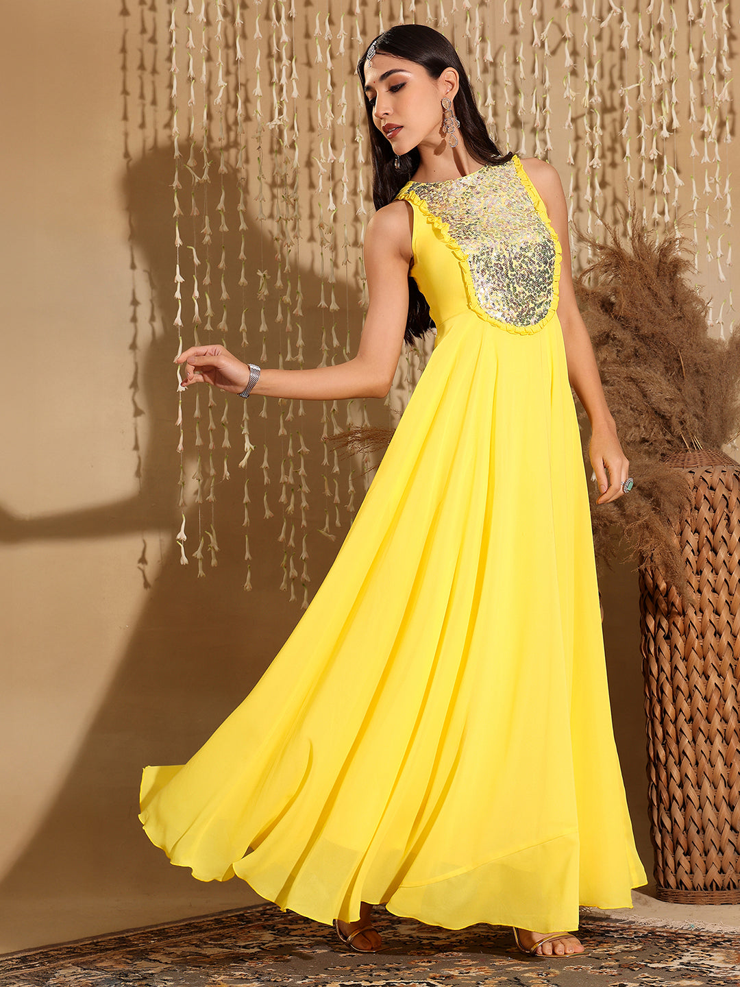 Women's Yellow Round Neck Sleeveless Embellished Frilled Georgette Maxi Dress
