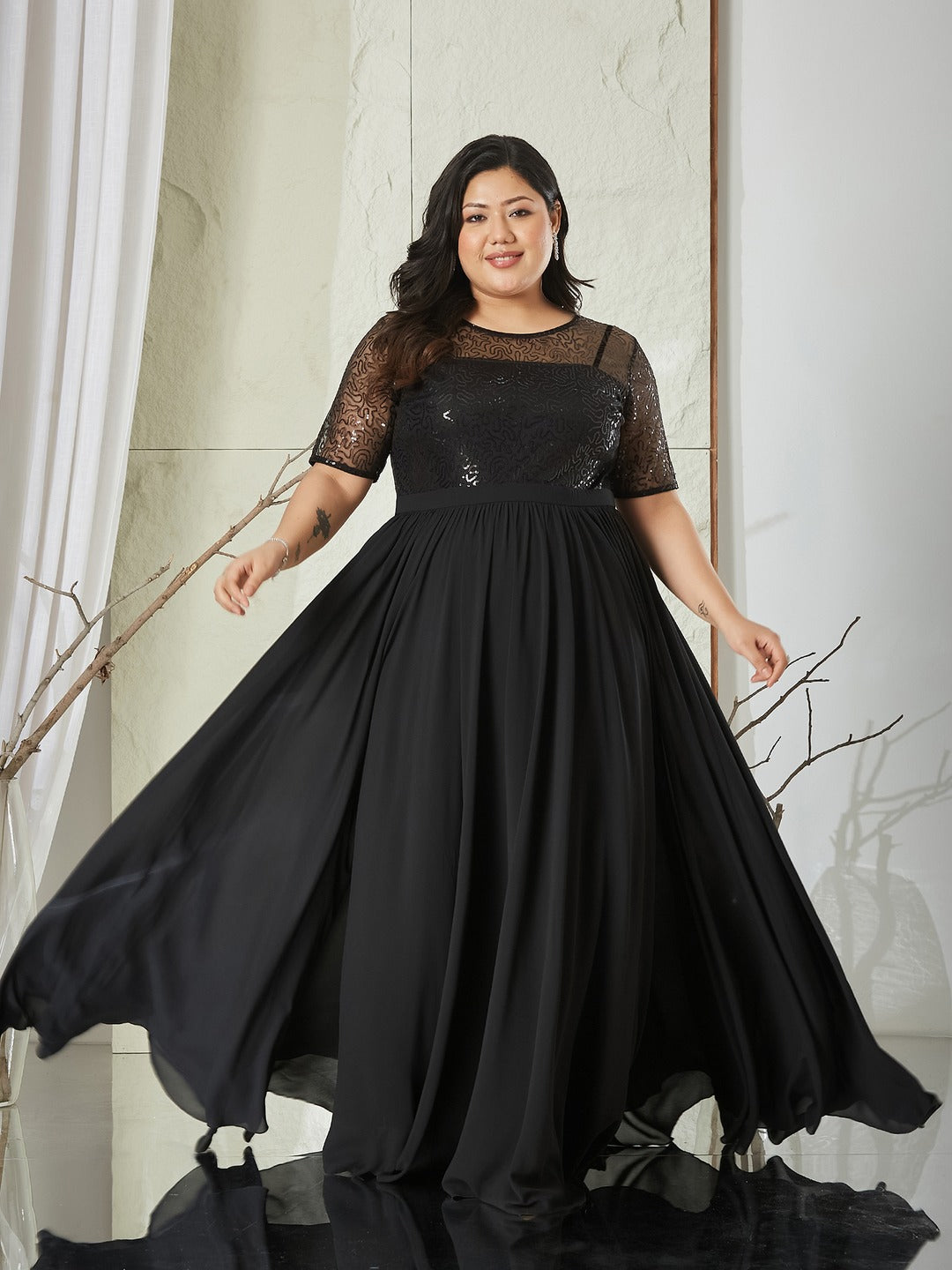 Black Relaxed Fit Maxi Georgette & Sequins Dress for Women