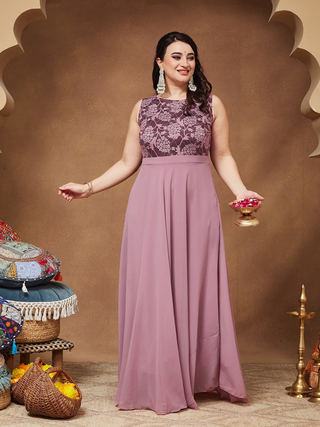 Lavender Round neck Sleeveless Solid Lace Overlaid Maxi Dress for Women