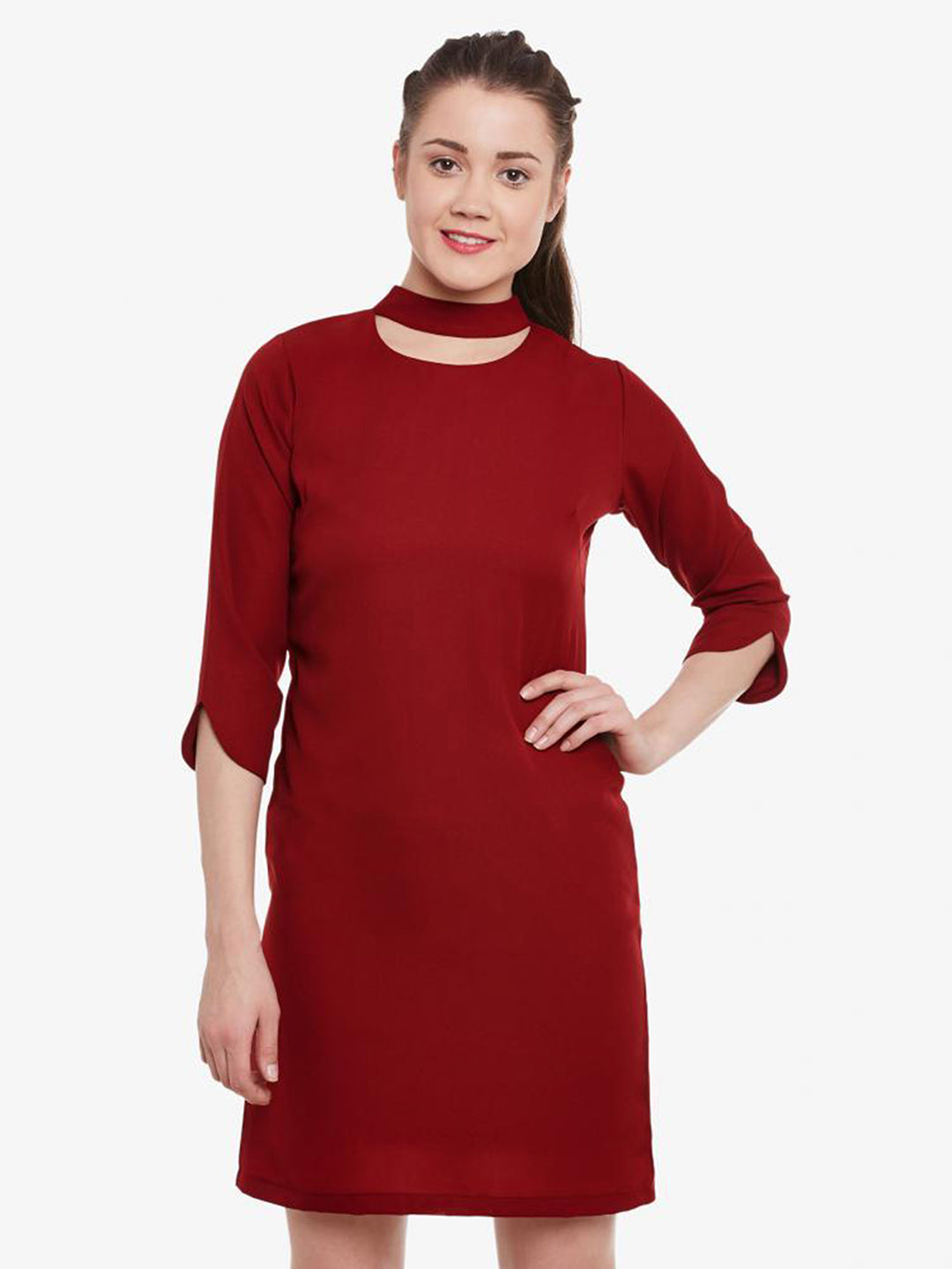 Women's Maroon Round Neck 3/4 Sleeve Solid Mini Choker Dress