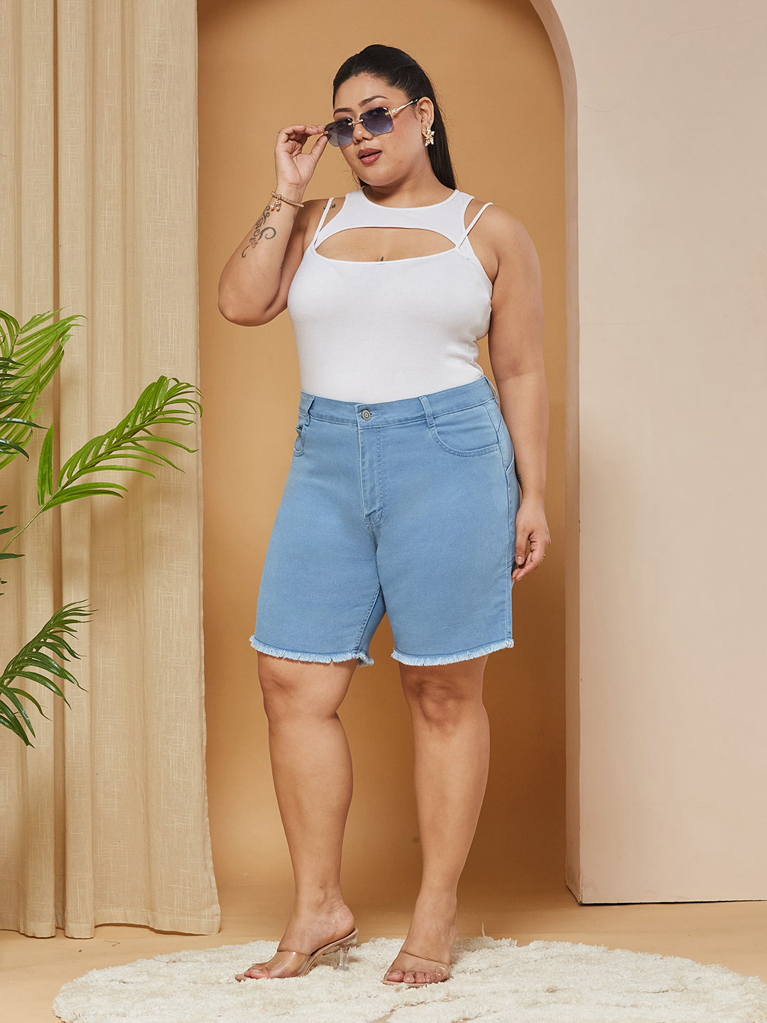 Light Blue Regular High Rise Above Knee Stretchable Denim Shorts for Women