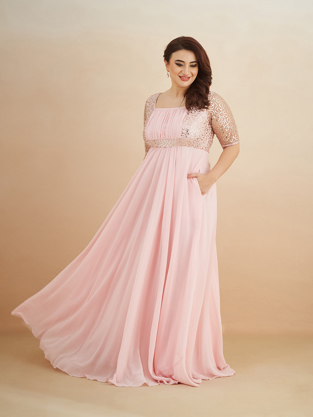 Dusty Pink Square Neck Half Sleeve Solid Embellished Maxi Dress for Women
