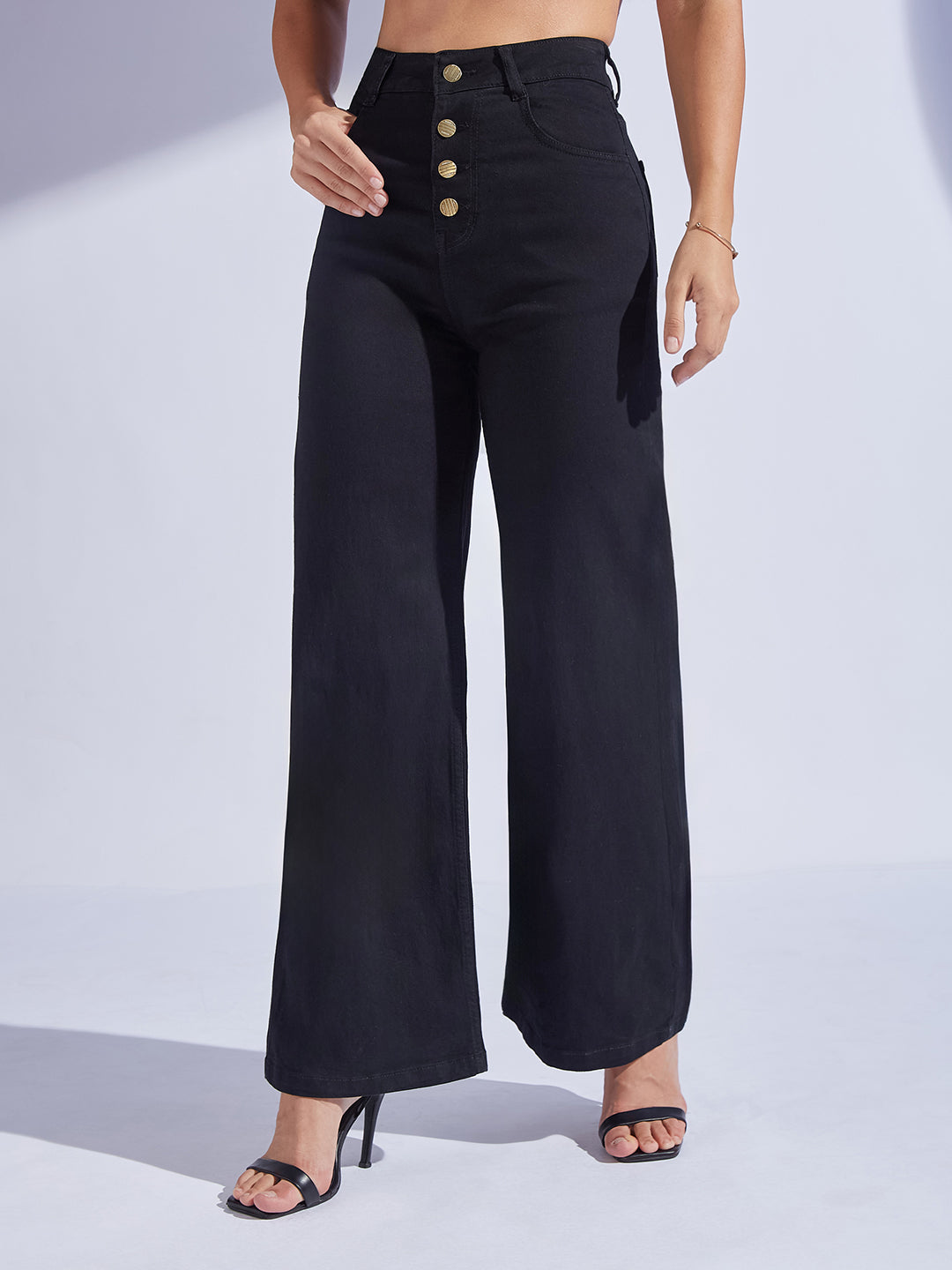 Women's Black Wide Leg High-Rise Stretchable Denim Jeans