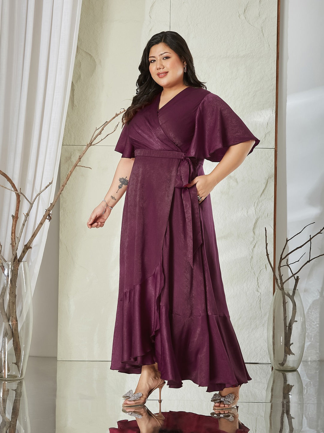 Mauve Relaxed Fit Maxi Georgette & Sequins Dress for Women