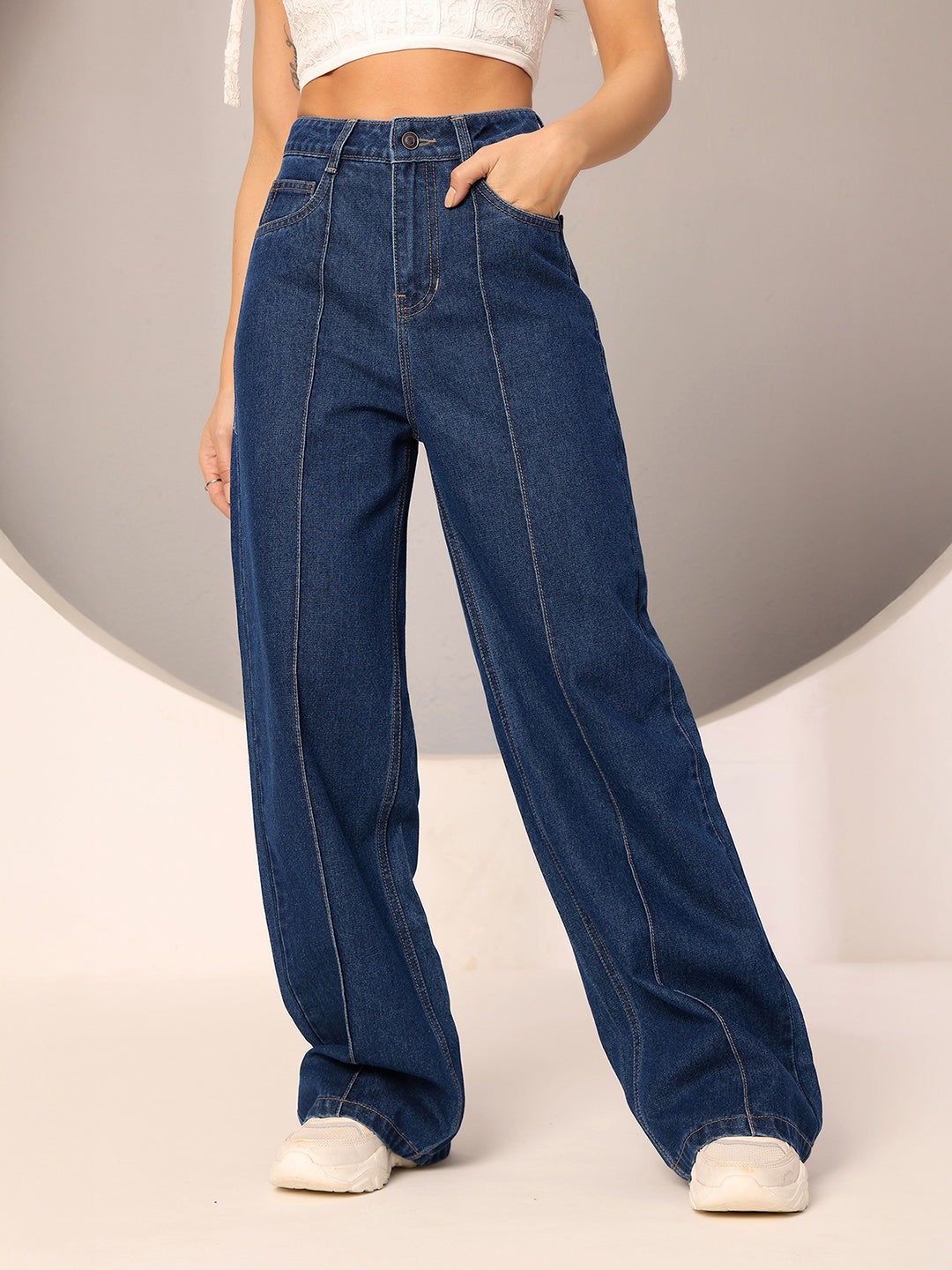 Women's Navy Blue Wide-Leg High-Rise Clean-Look Regular-Length Non-stretchable Denim Jeans