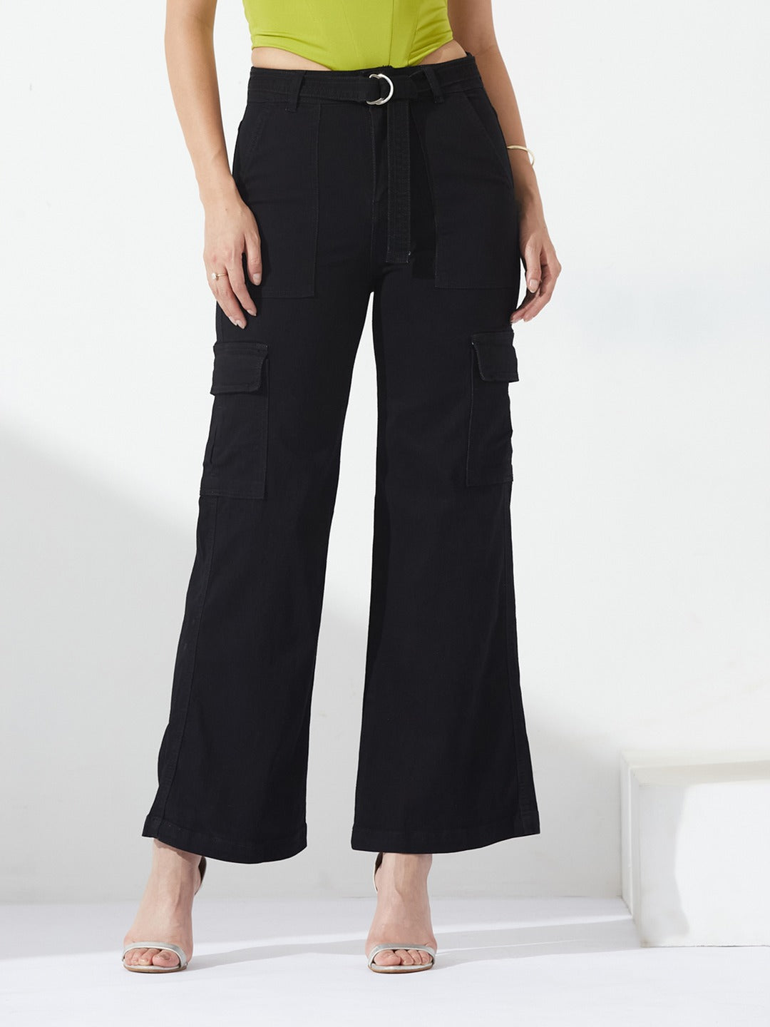 Black Wide leg high-rise Regular Stretchable Denim Jeans for Women
