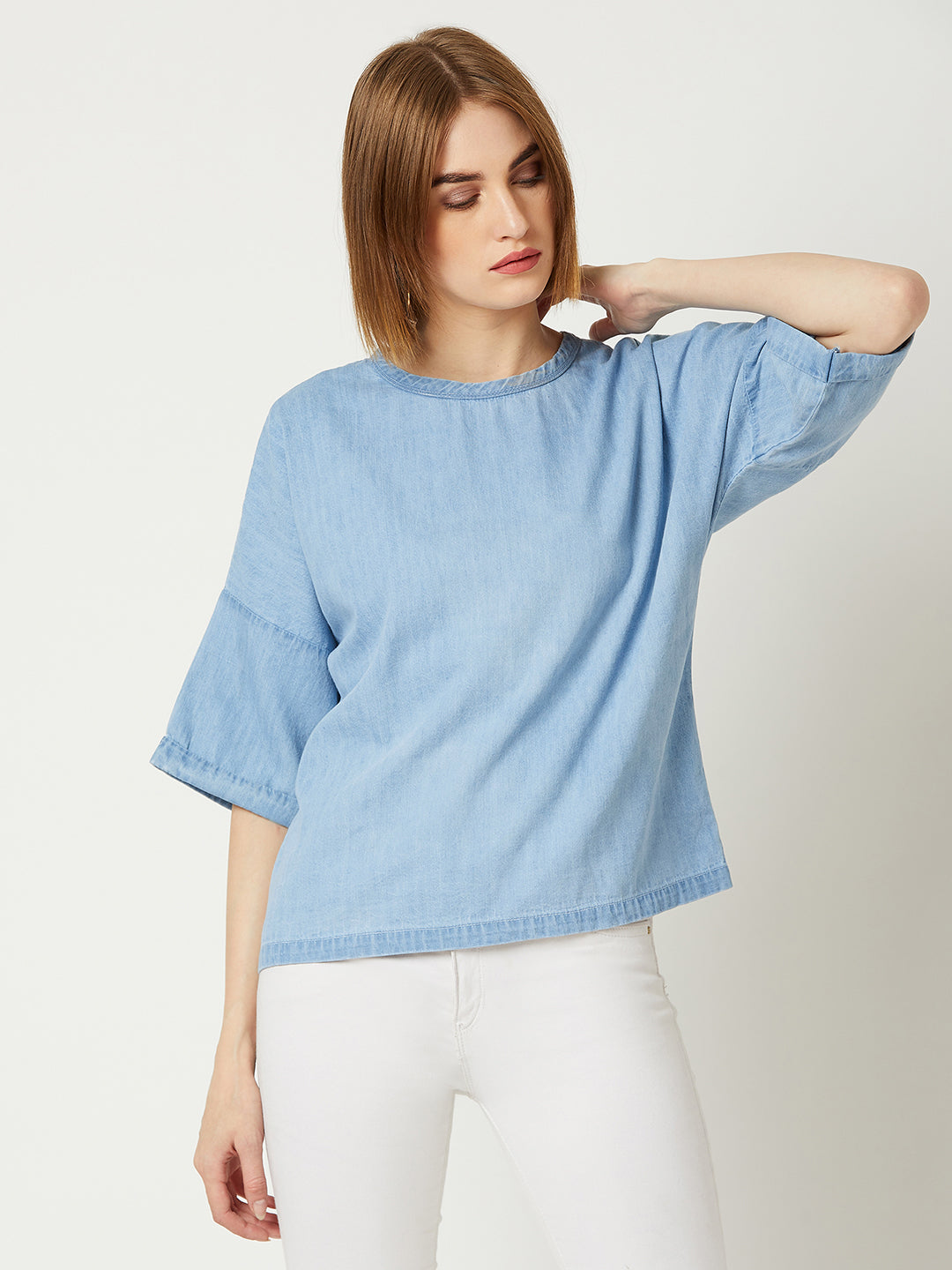 Women's Light Blue Round Neck Half Sleeves Solid Boxy Regular Top