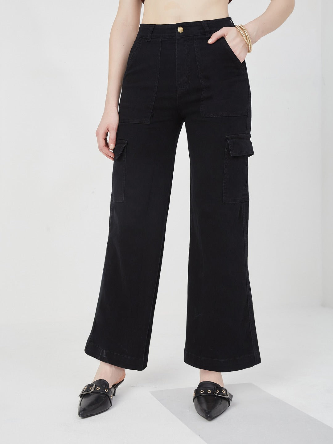 Black Wide leg high-rise Regular Stretchable Denim Jeans for Women