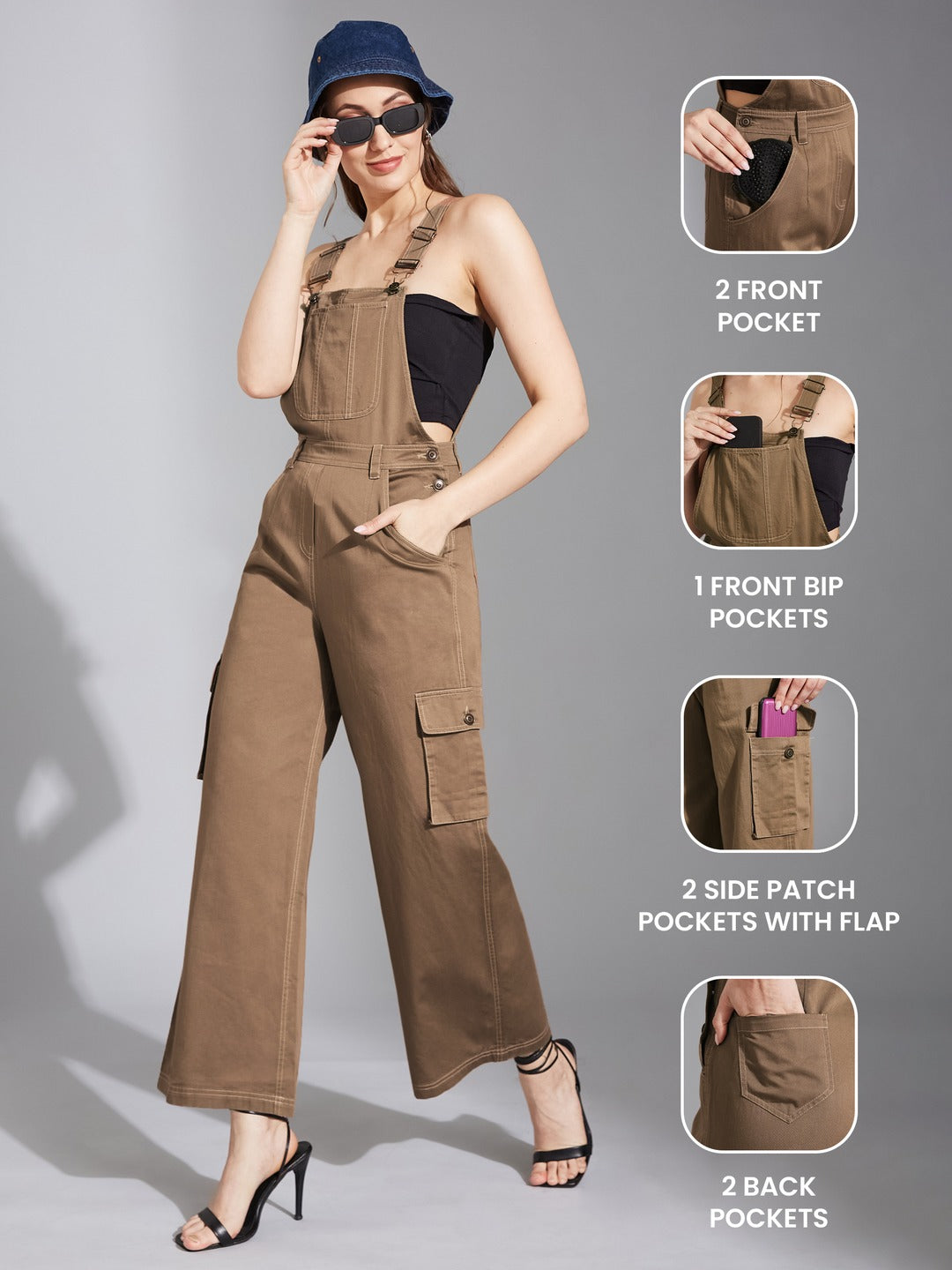 Olive Square Neck Sleeveless Solid Wide-Leg Regular-Length Cotton Dungaree for Women