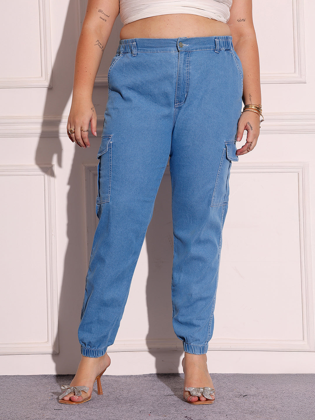 Women's Light Blue Regular High-Rise Regular Stretchable Light Weight Denim Joggers