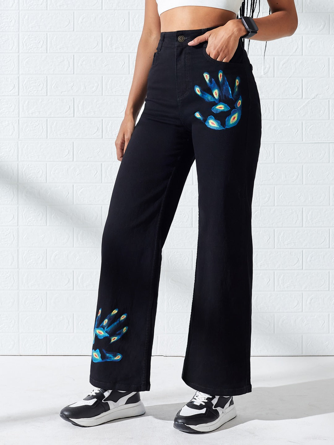 Hand-Painted Black Wide Leg High-Rise Thermal Hand-Scan Stretchable Denim Jeans For Women