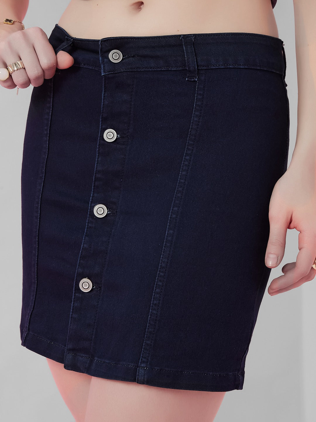 Navy Blue Stretchable Solid A-line Mini Denim Skirt for Women
