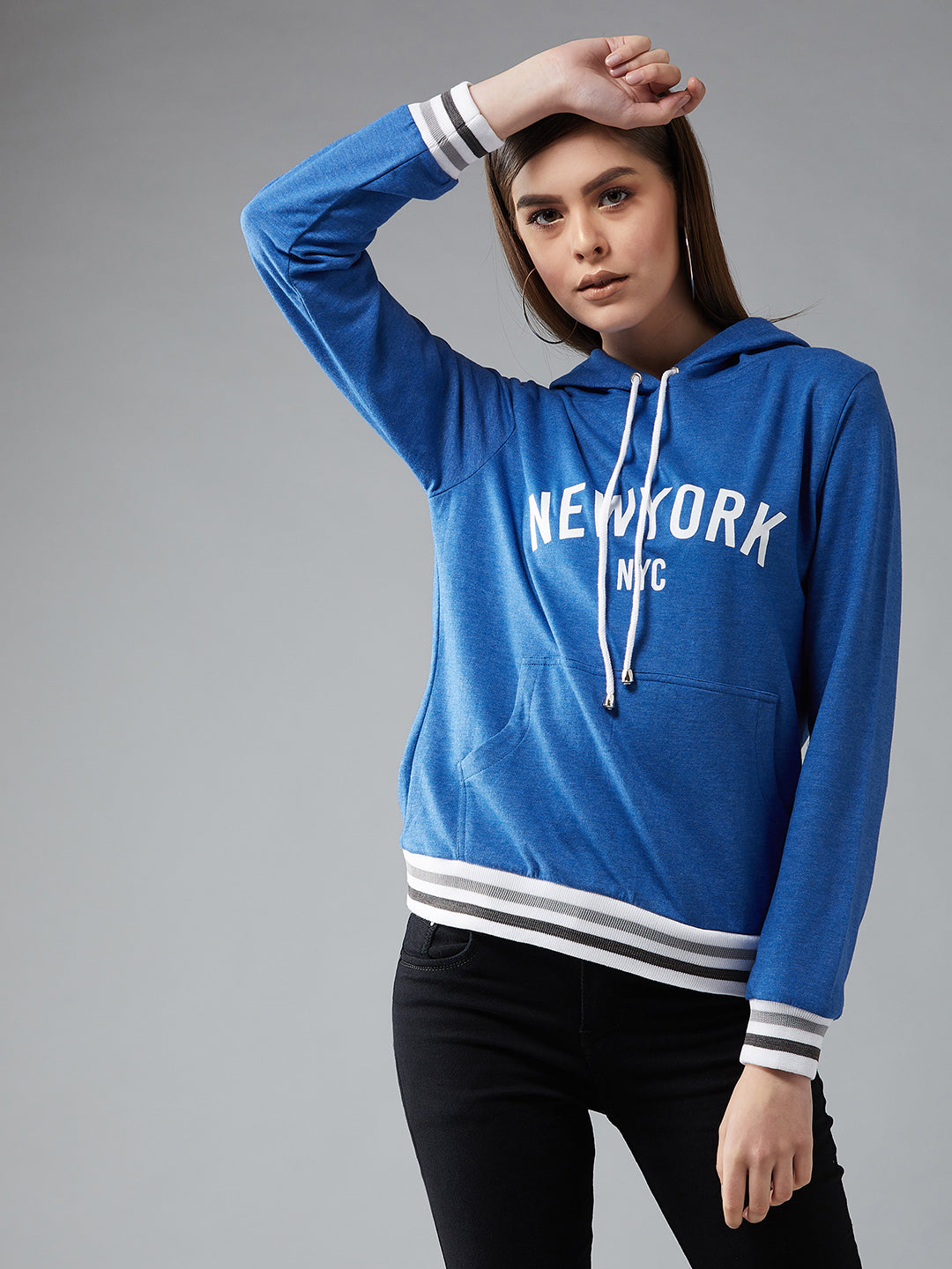 Women's Azure Blue Hooded Full Sleeves Screen Printed Eyelet Detailing Regular Length Sweatshirt