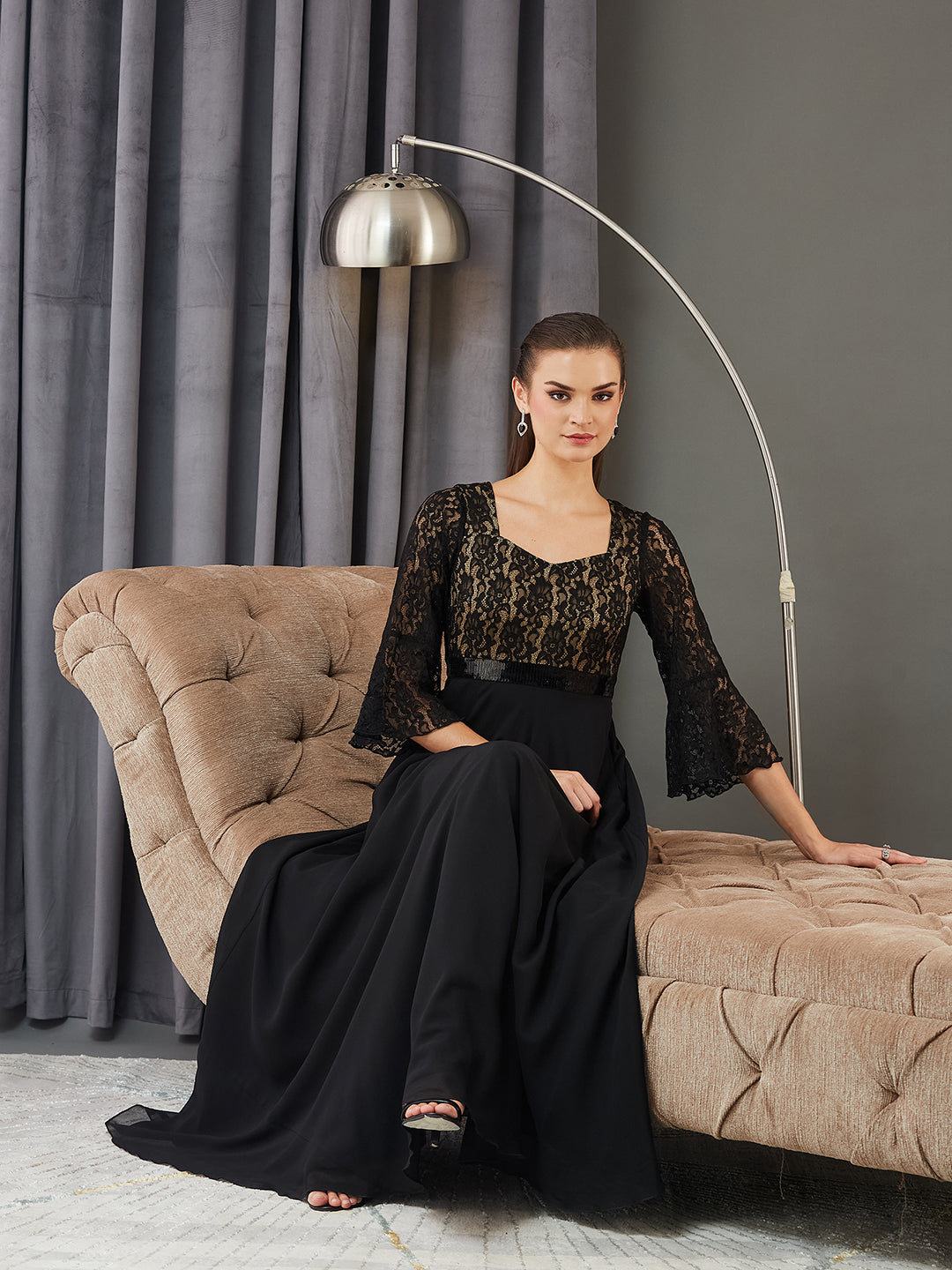 Women's Black Sweetheart-Neck Full Sleeve Floral Lace-Overlaid Georgette Maxi Dress