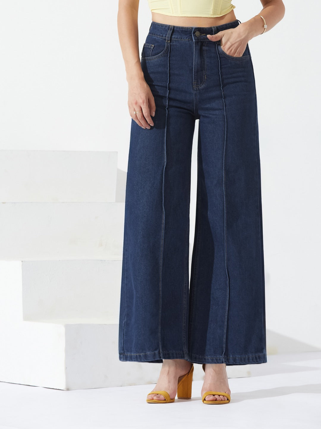 Navy Blue Wide-Leg High-Rise Non-stretchable Denim Jeans for Women