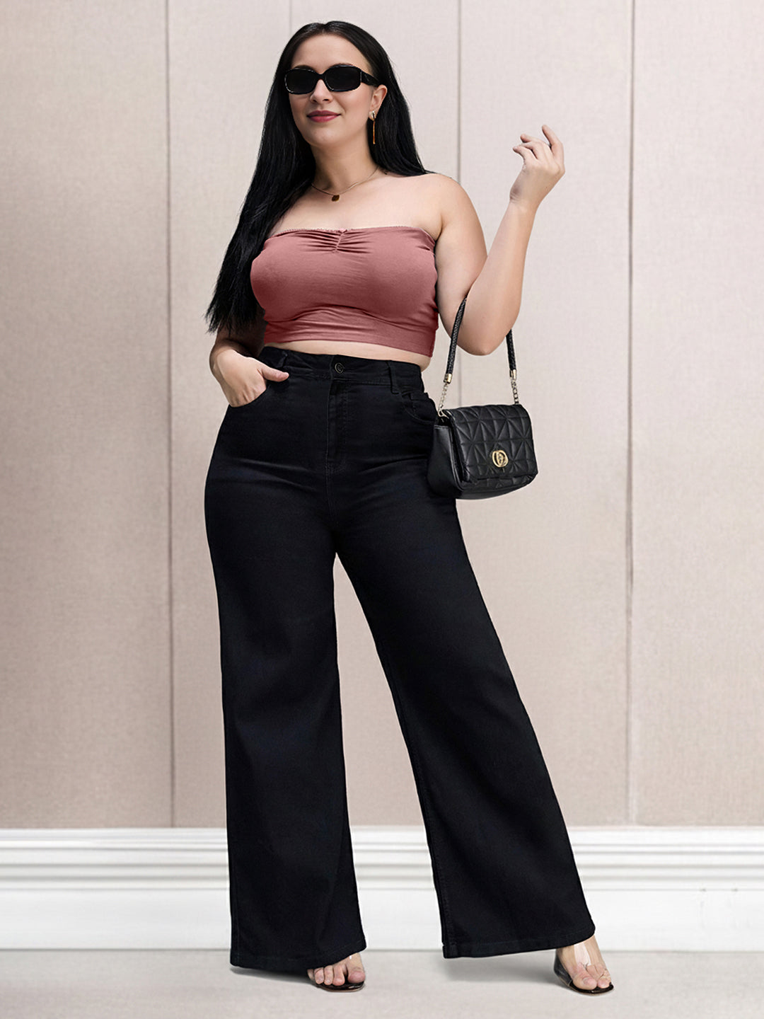 Black Wide Leg High Rise Stretchable Denim Jeans for Women