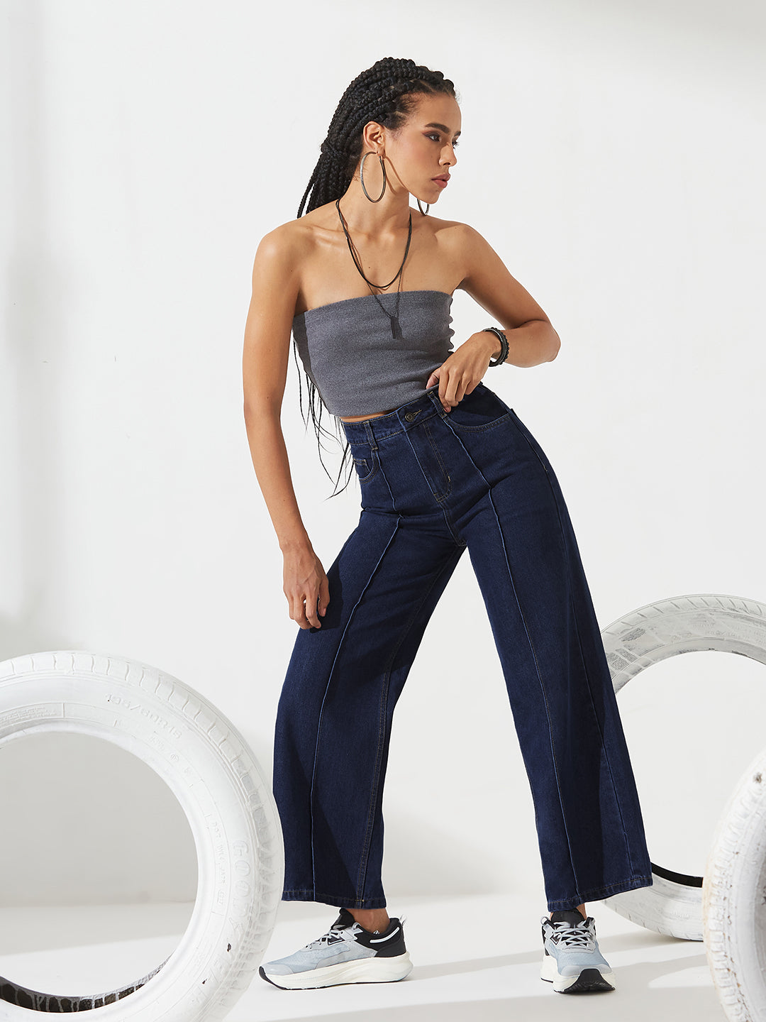 Navy-Blue Wide-Leg High-Rise Clean-Look Non-stretchable Denim Jeans for Women