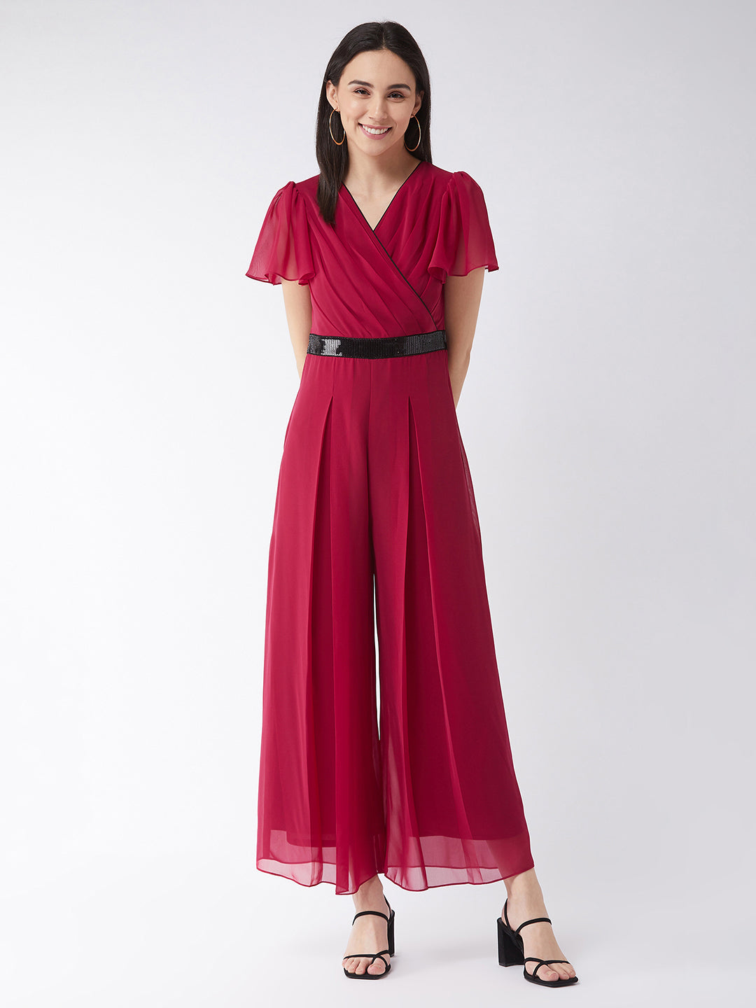 Women's Pink Solid Relaxed Fit Short Sleeve V-Neck Ankle-Length Straight Jumpsuit