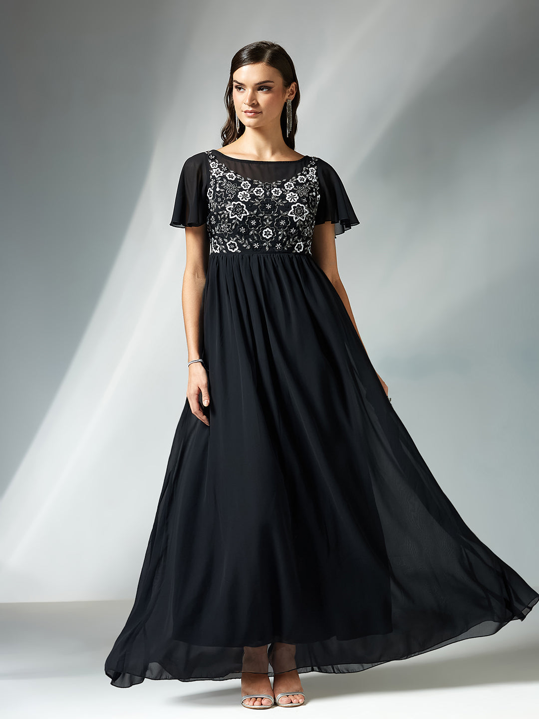 Women's Black Embellished Gathered Maxi Dress