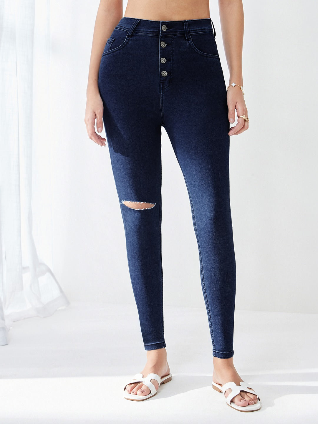 Navy Blue Skinny High Rise Knee Slit Denim Jeans for Women