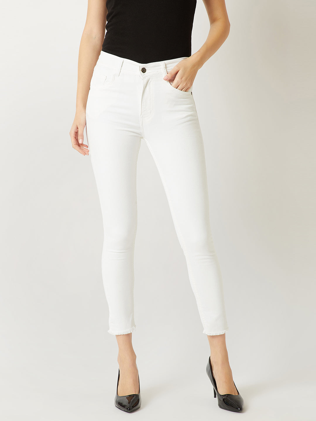 Women's White Skinny High Rise Clean Look Bleached Cropped Stretchable Denim Jeans