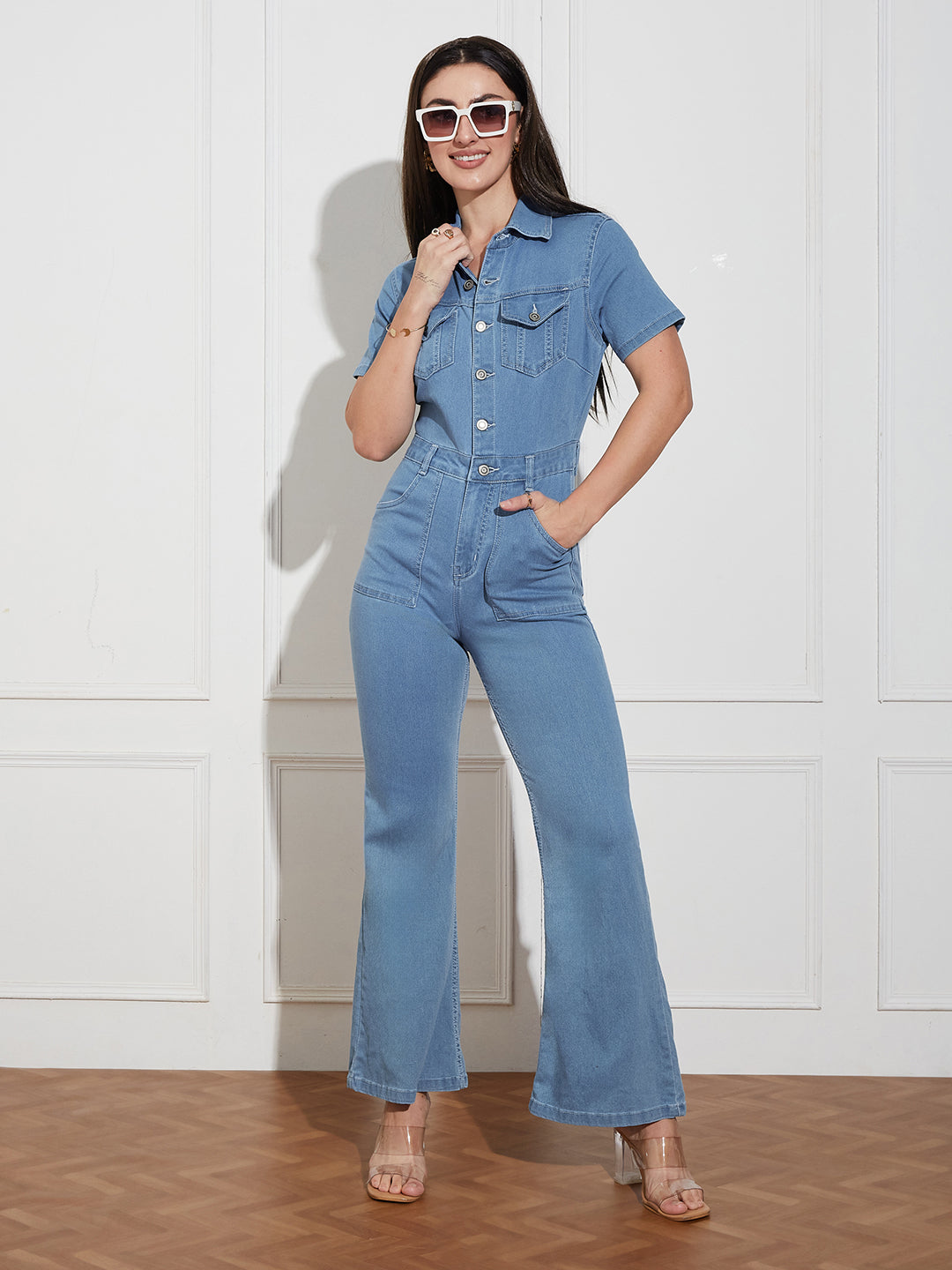 Women's Light Blue Flared High Rise Regular Length Stretchable Denim Jumpsuit