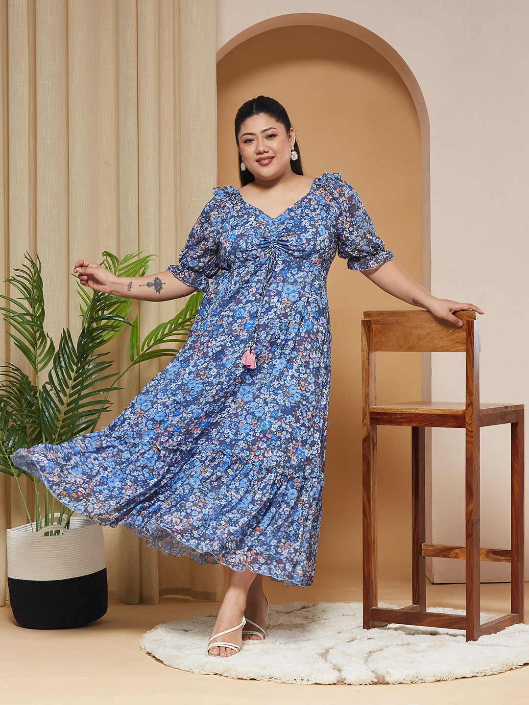 Multicolored-Base-Navy Blue V-Neck Puff-Sleeves Floral Ruching Ankle-Length Dress for Women