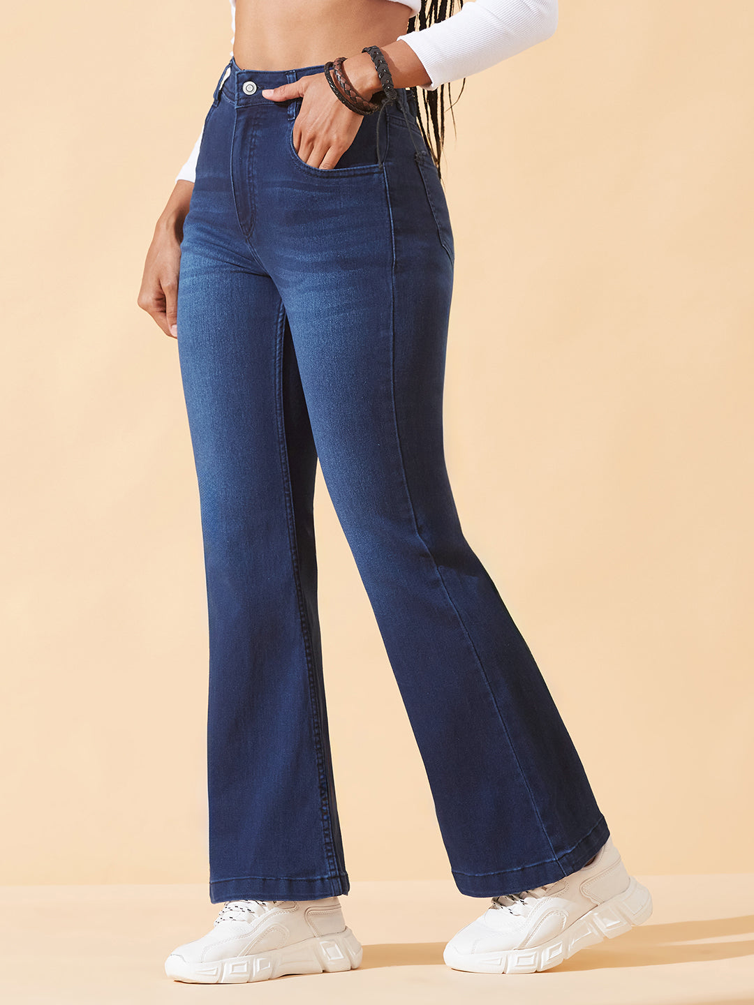 CHASEstretch™ Navy-Blue High-Rise Clean-Look Stretchable Flared Denim Jeans for Women