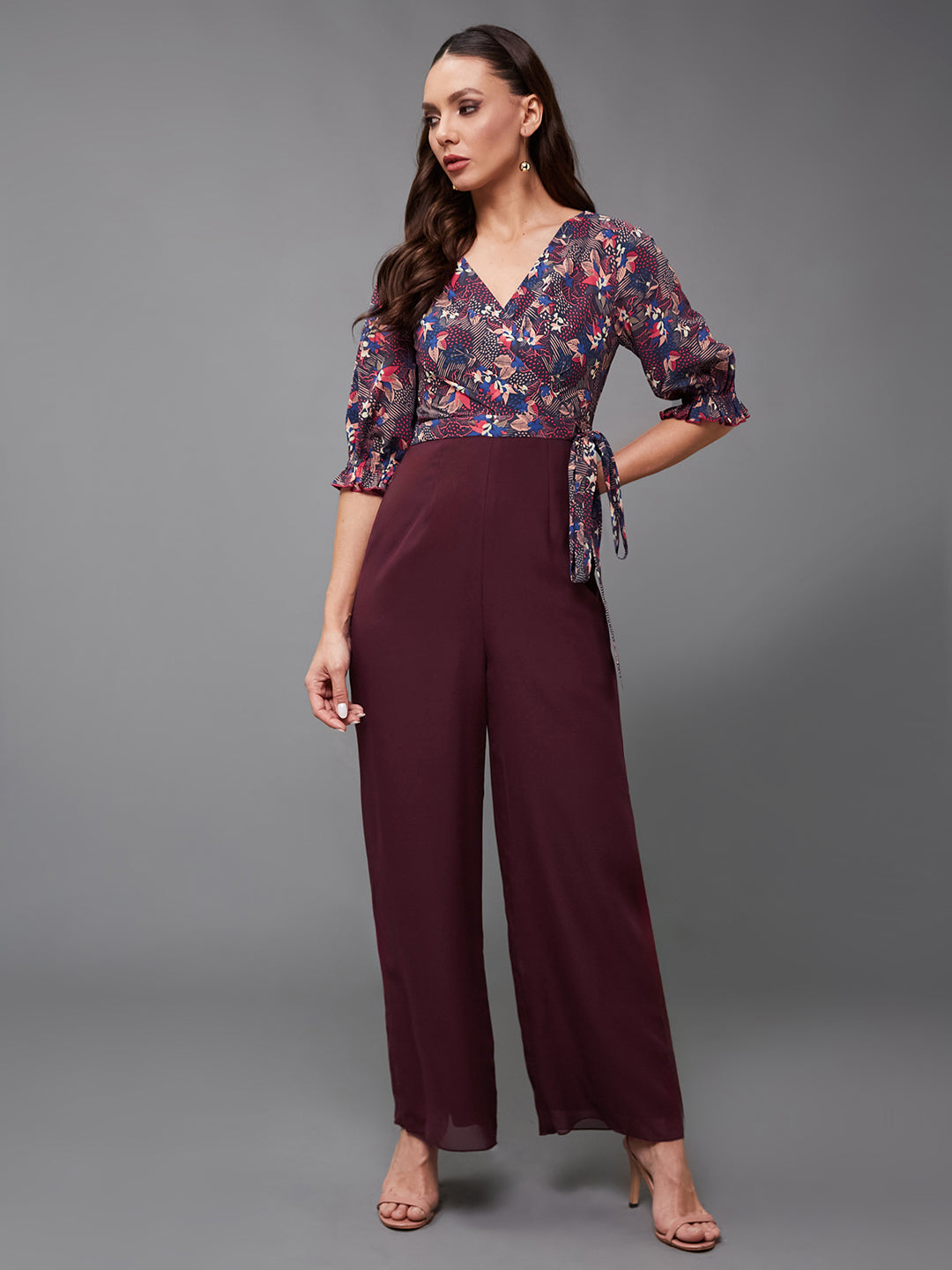 Women's Multicolored-Base-Wine V-Neck Puff Sleeve Floral Patterned Wrap Regular Georgette Jumpsuit