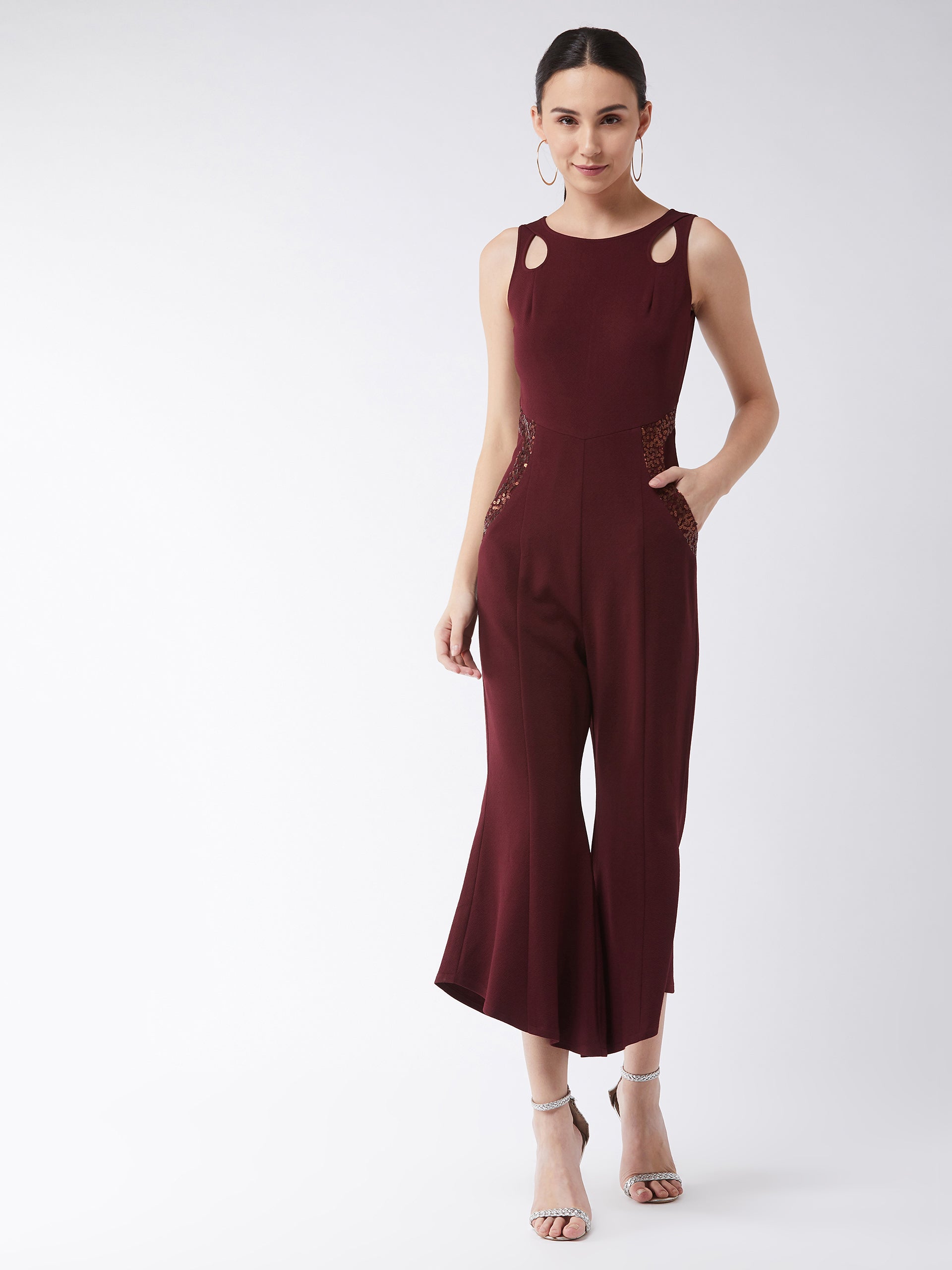 Crease Ease Women's Wine Solid Slim Fit Round Neck Sleeveless Regular Length Bell Bottom Jumpsuit