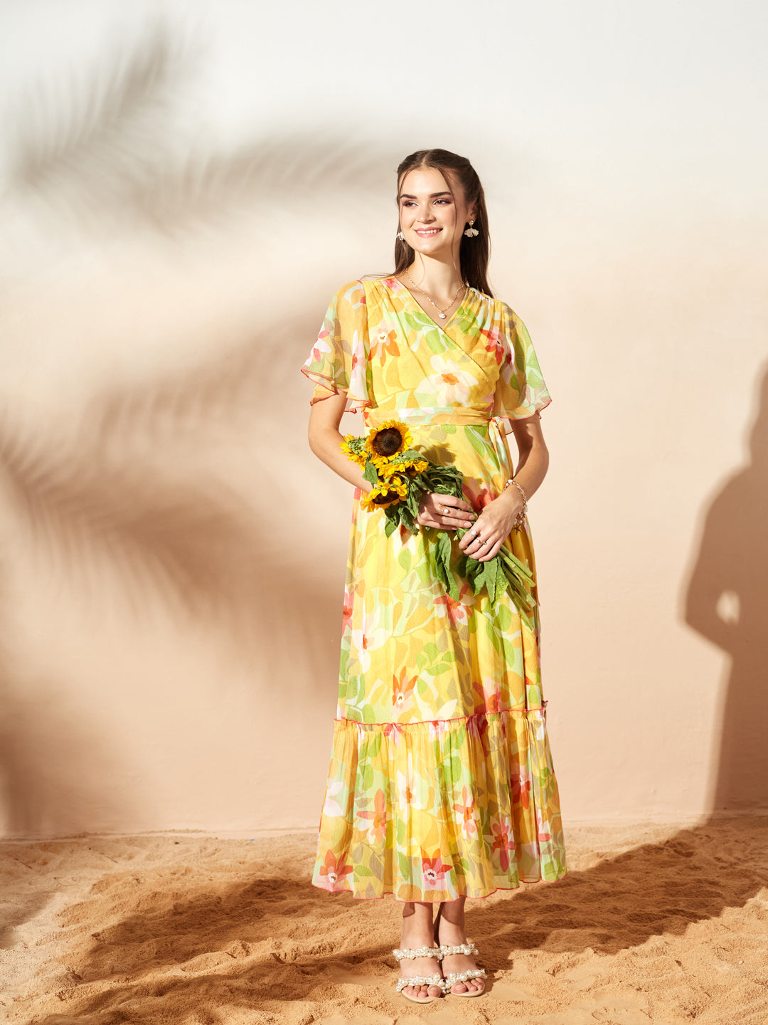 Butter Yellow Floral Printed Flutter Sleeves Maxi Dress for Women