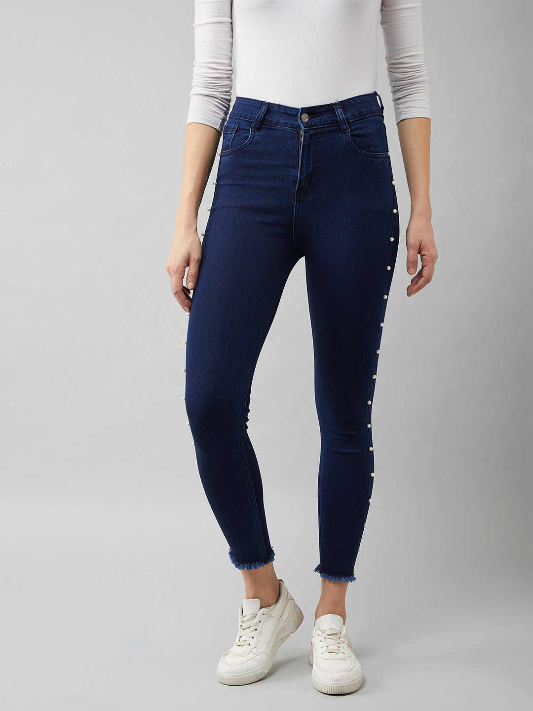 Women's Navy Blue Cotton Skinny Fit Cropped High Rise Stretchable Denim Jeans